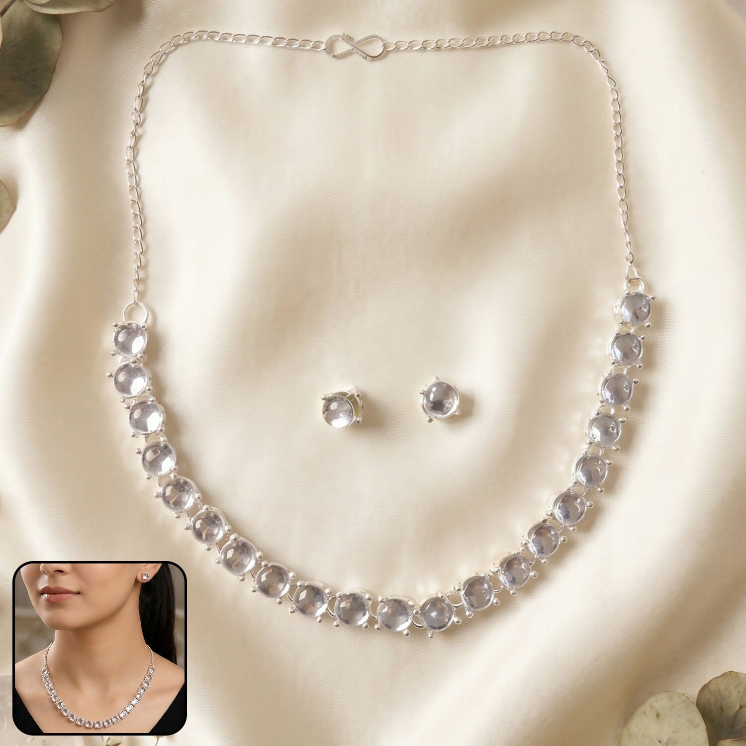 Elegant Silver-Plated Necklace Set with Clear Gemstones and Matching Earrings