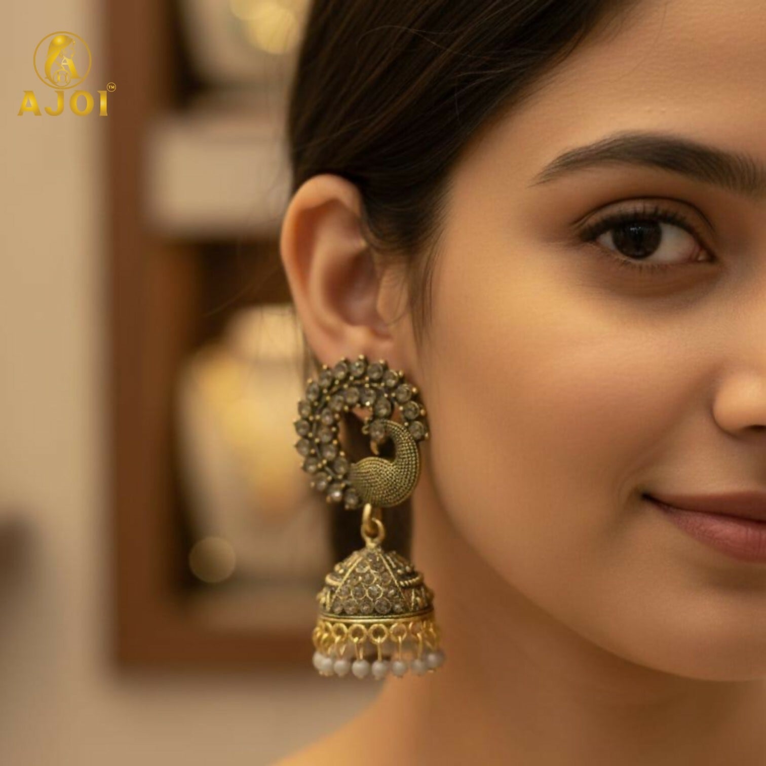 Antique Grey Peacock Design Jhumka Earrings