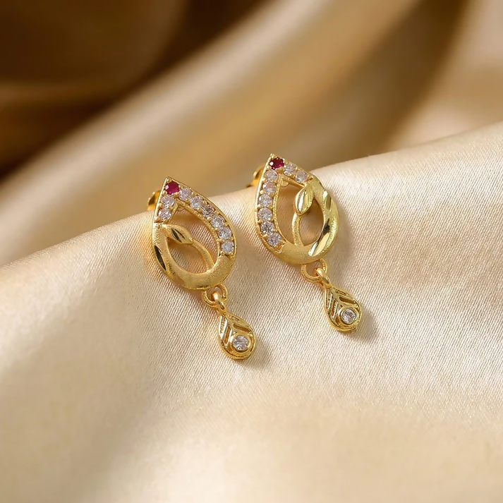 Teardrop Shape Gold Earrings with Ruby Detailing & Crystal Drops