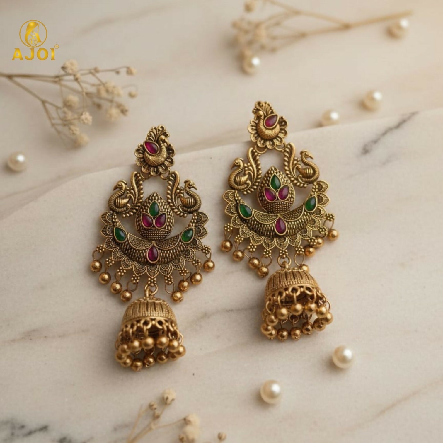 Traditional Gold Plated Peacock Design Jhumka Earrings with Green & Pink Stones for Women