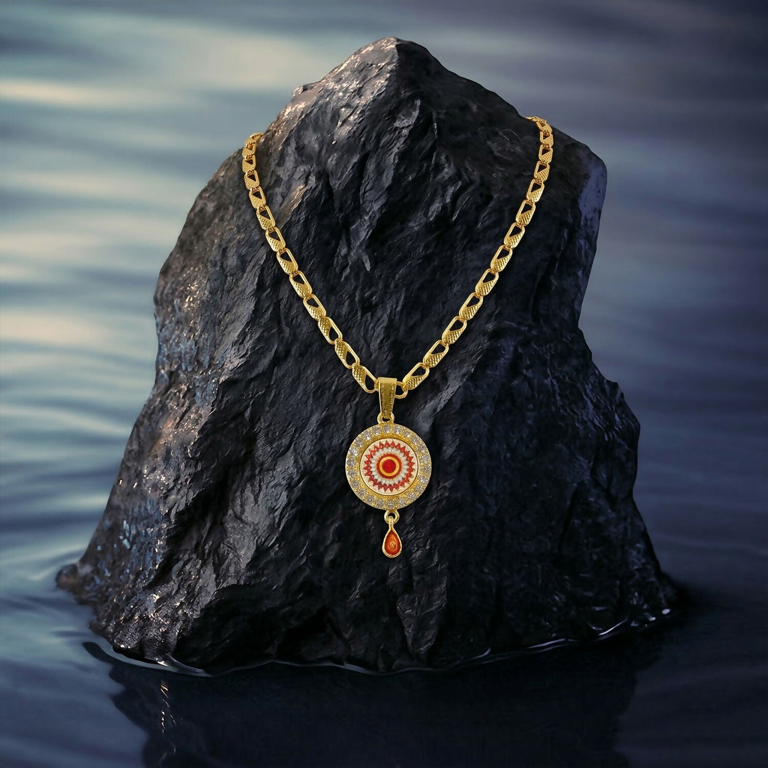 Royal Gold Pendant Necklace with Circular Enamel Stone Design