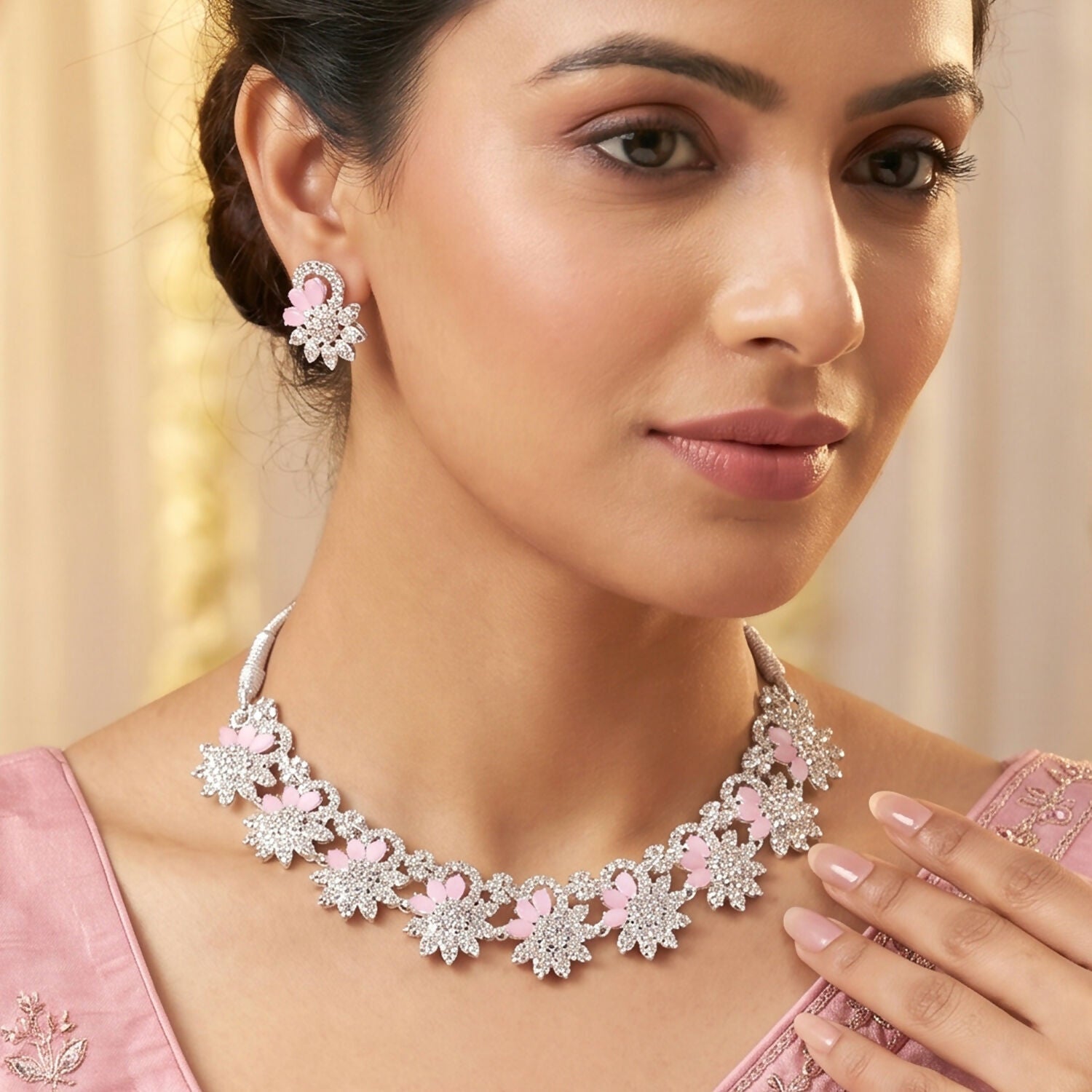 Elegant Pink Floral Necklace Set with Matching Earrings for Special Occasions