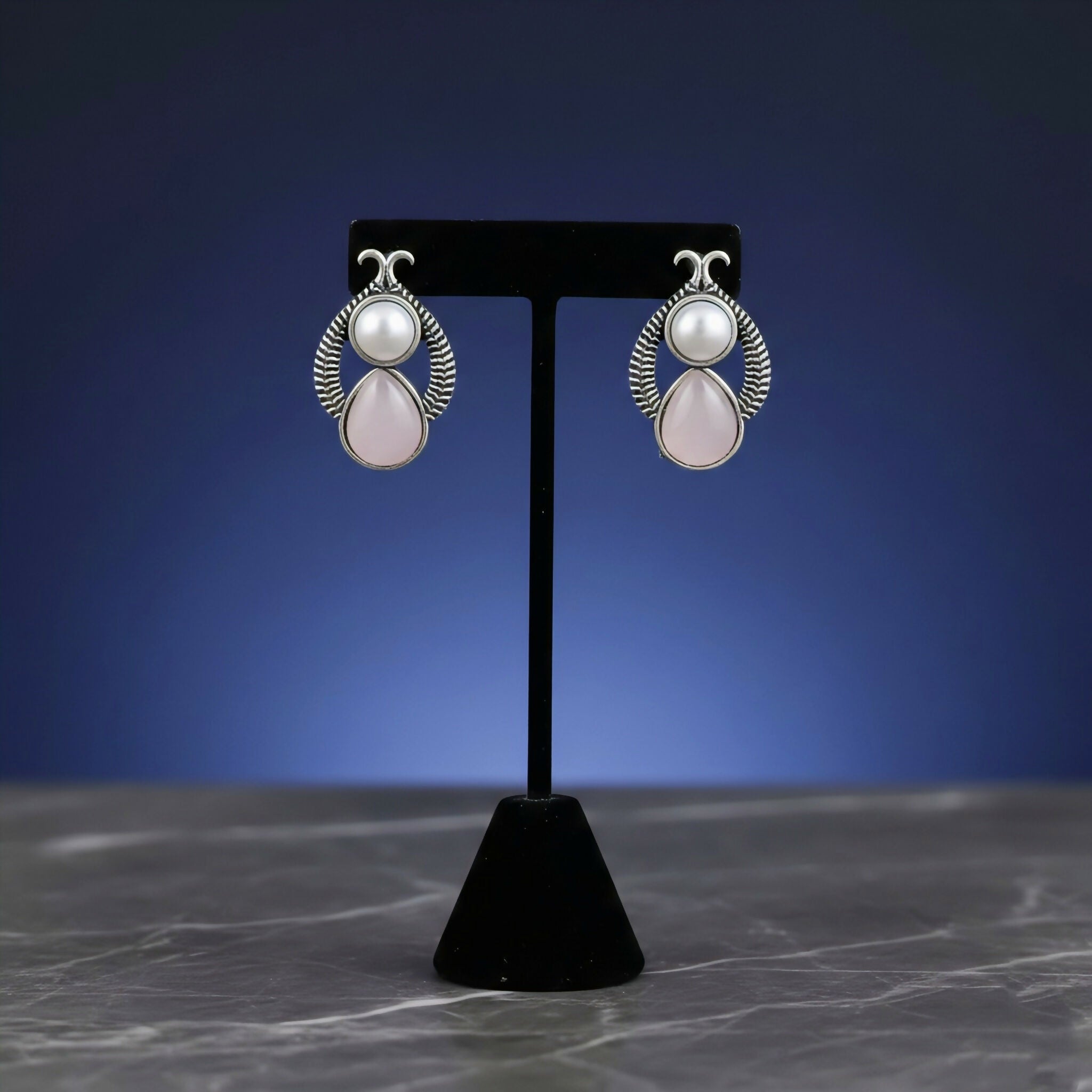 The Rose & Pearl Duet: Vintage-Finish Silver Drop Studs earrings