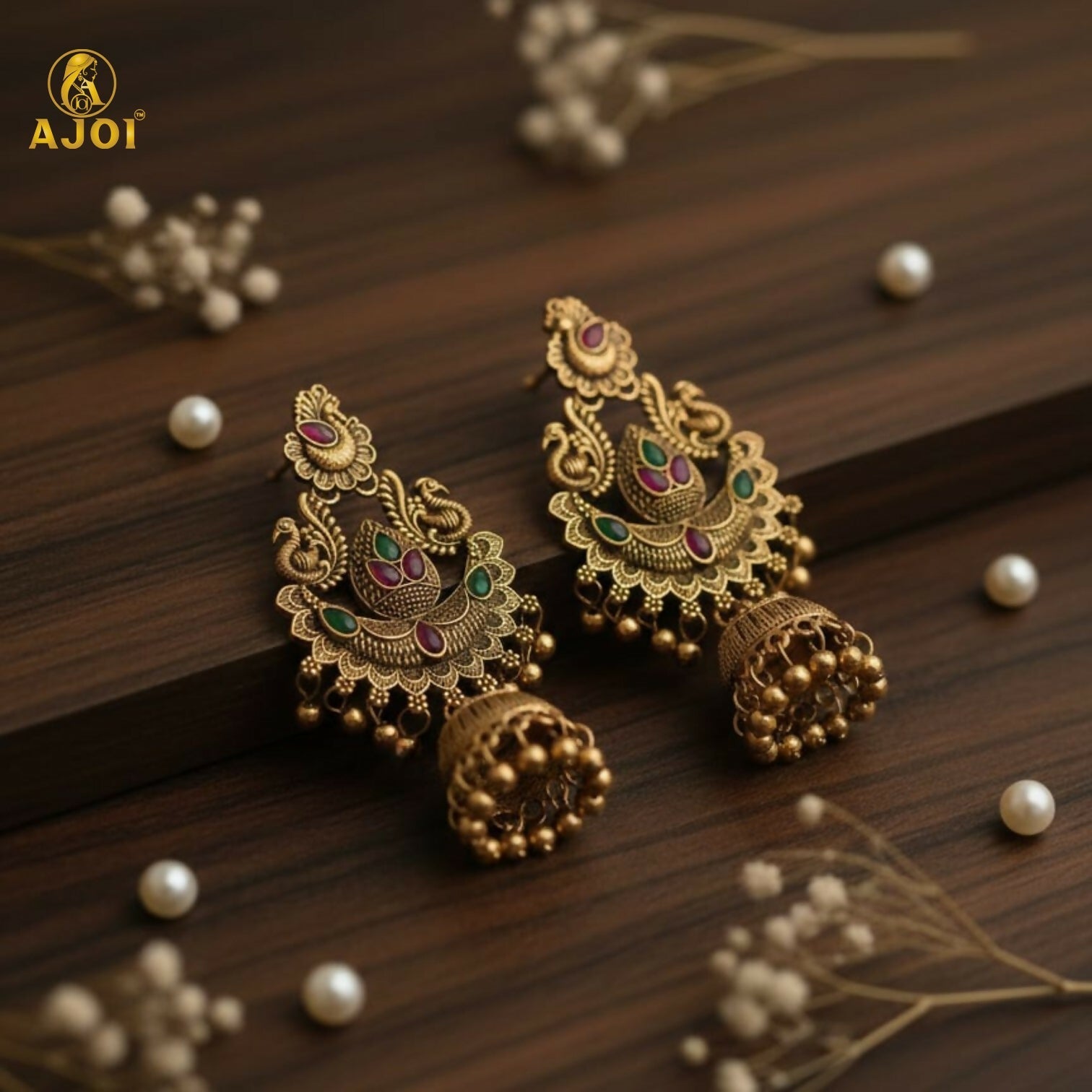 Traditional Gold Plated Peacock Design Jhumka Earrings with Green & Pink Stones for Women