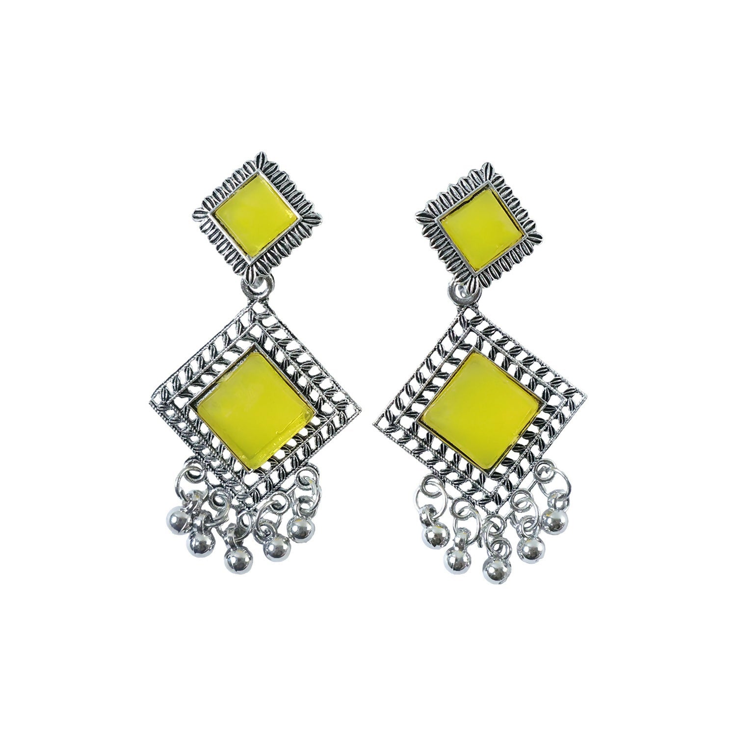 Traditional Indian Oxidised Dangler Earrings with Square Yellow Monalisa Stones