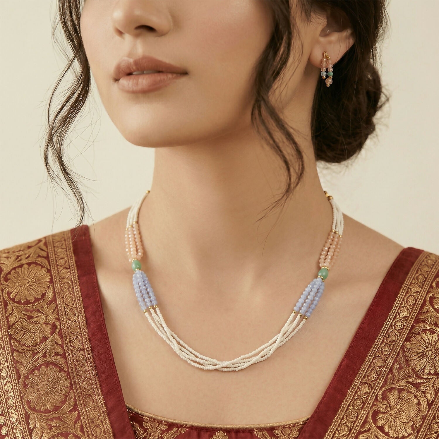 Stylish Multi-Layer Pearl Beaded Necklace with Pastel Peach, Lavender & Mint Accents