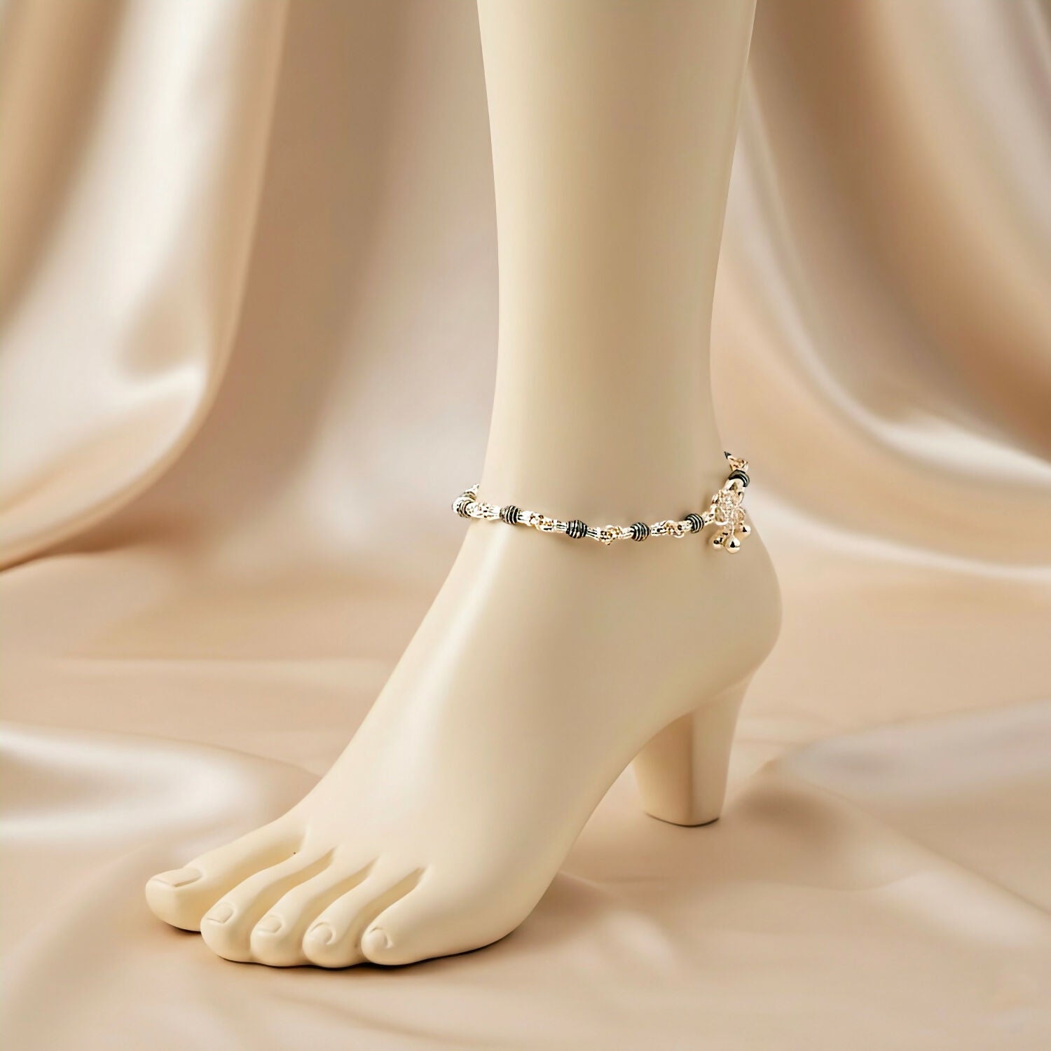 Silver Anklets - Black Beads & Heart Charm,anklet
