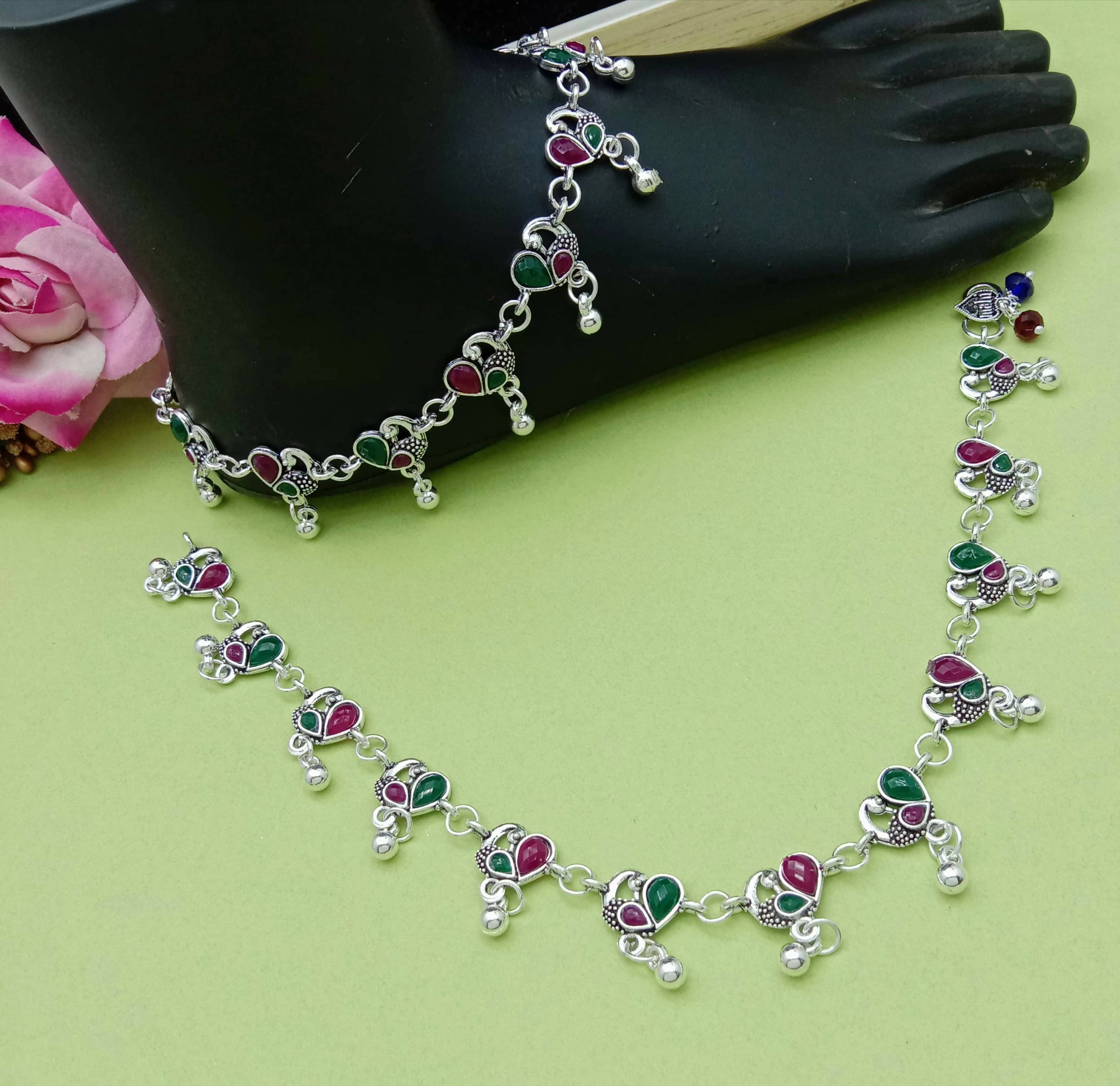 Traditional Silver Anklet with Red–Green Stones
