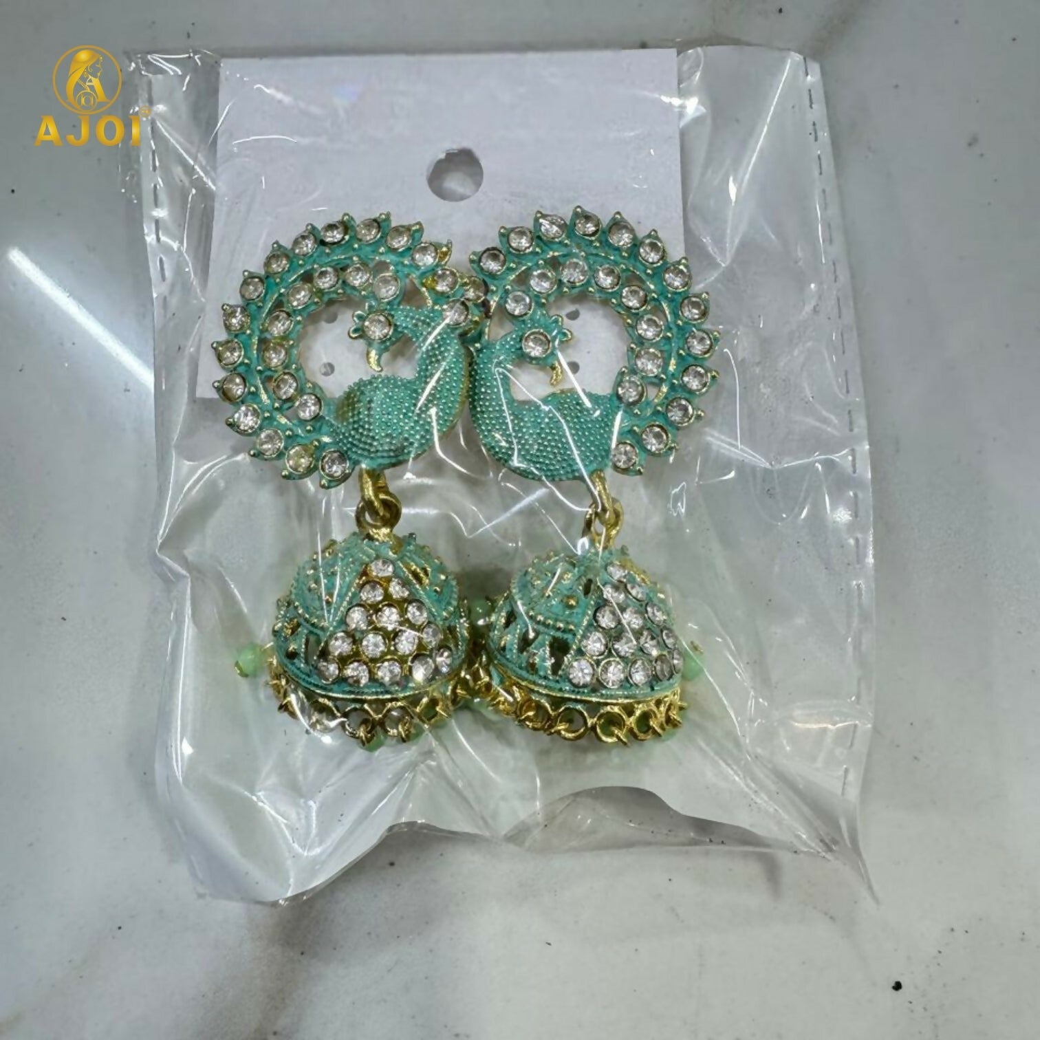 Mint Green Peacock Stone Jhumka Earrings