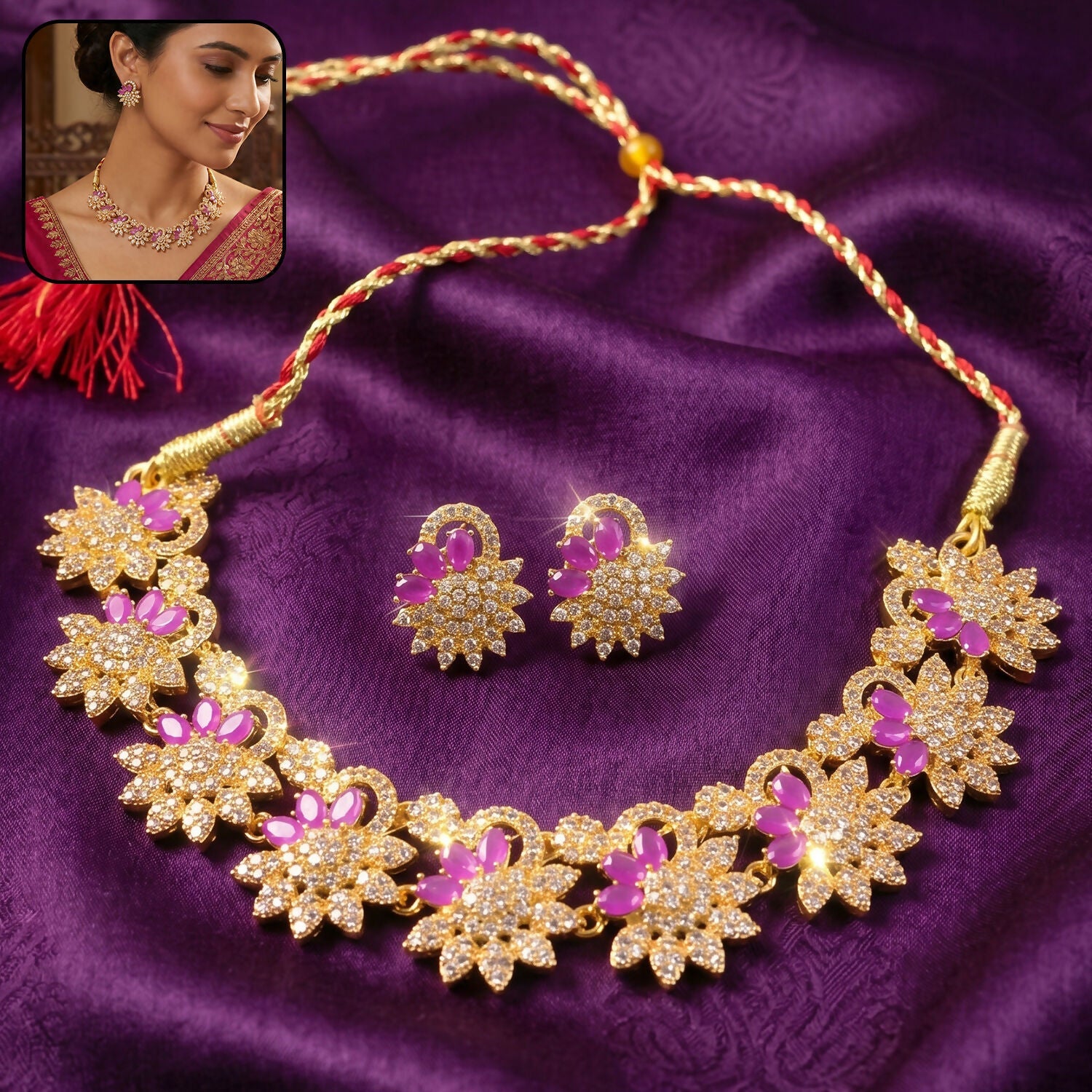 Elegant Pink Floral Necklace Set with Matching Earrings for Festive Occasions