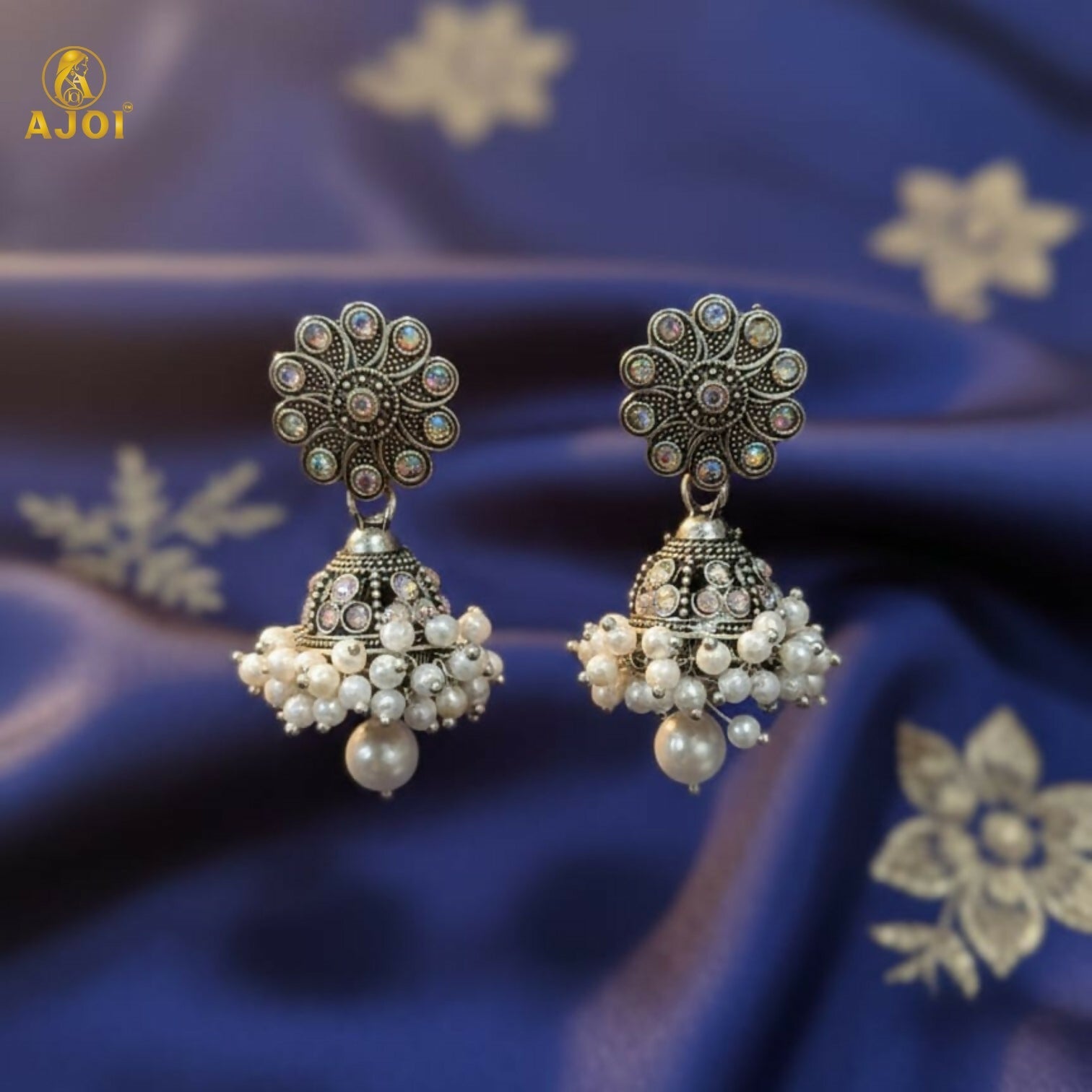 Traditional Indian Oxidised Silver Round Jhumka Earrings with Pearl Drops