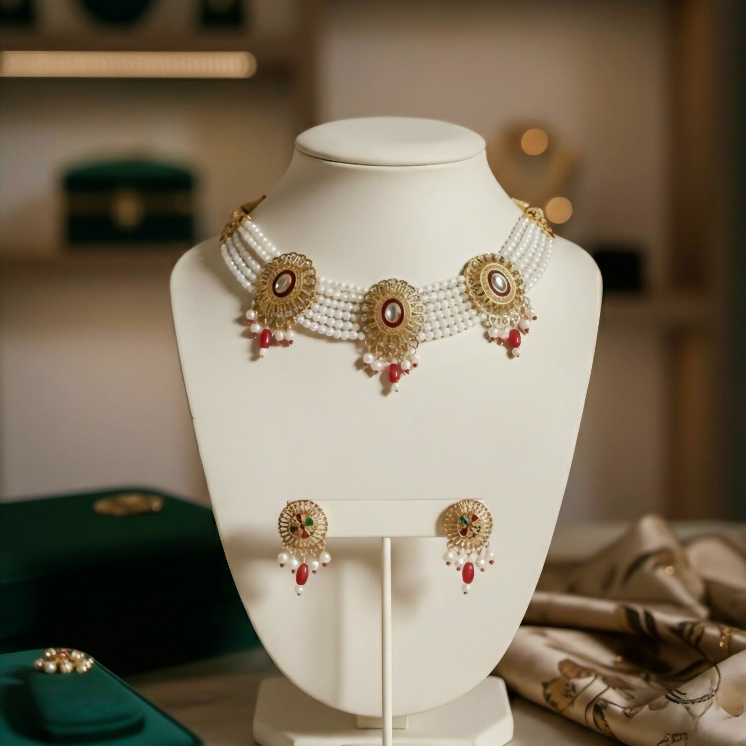 Traditional Gold-Plated Kundan Pearl Choker Necklace Set with Emerald red Drops and Matching Earrings