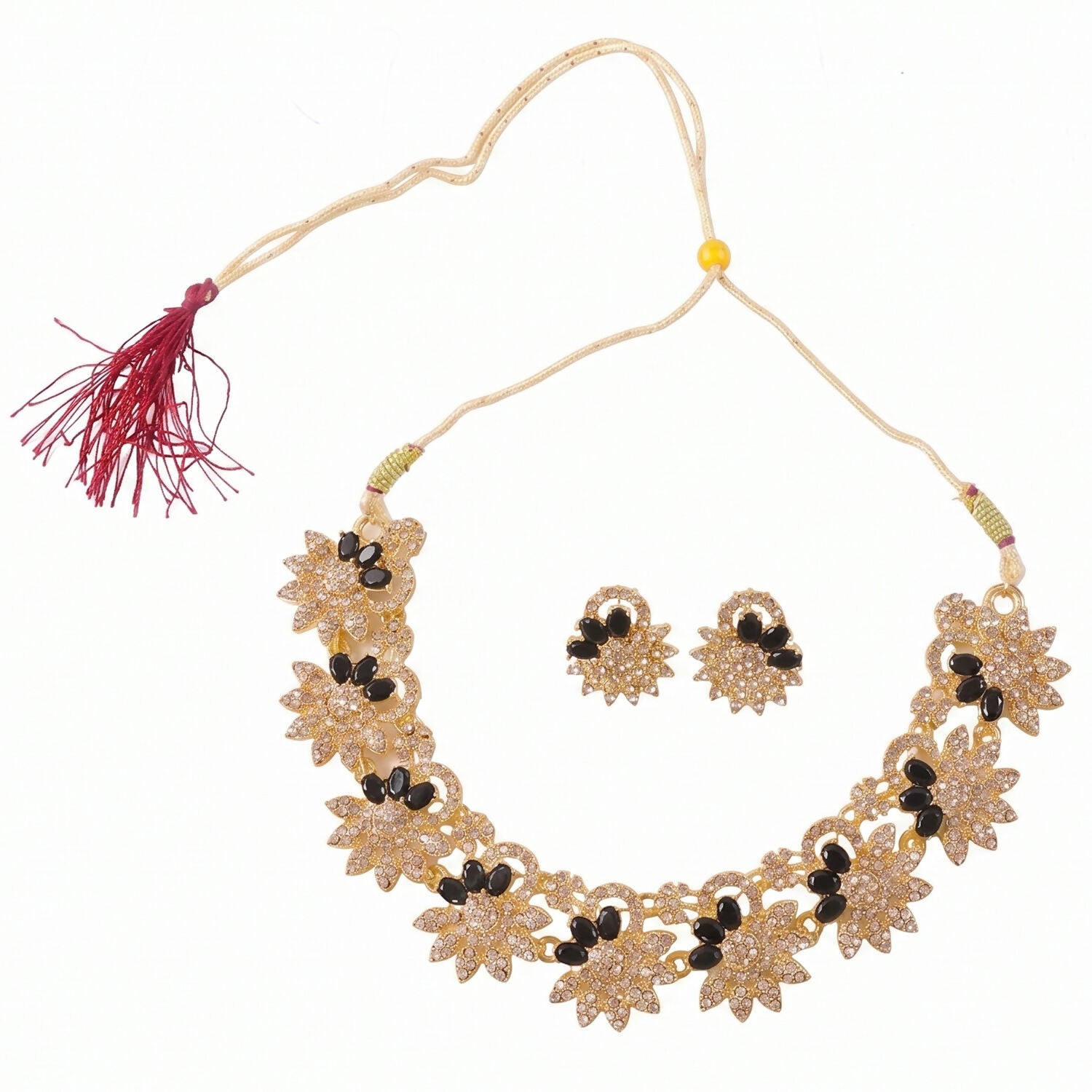 Title: Elegant Gold Plated Necklace & Earrings Set with Black Stones