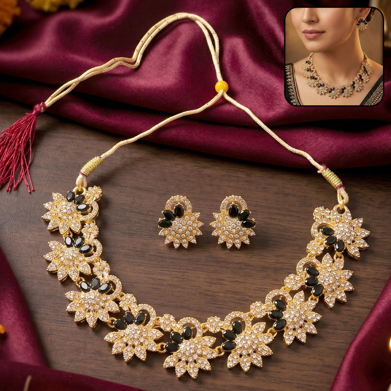 Title: Elegant Gold Plated Necklace & Earrings Set with Black Stones