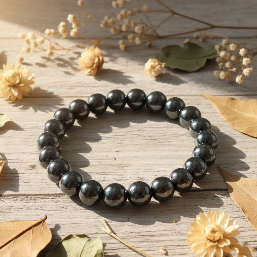 Natural Black Hematite Round Shape Beads Bracelet