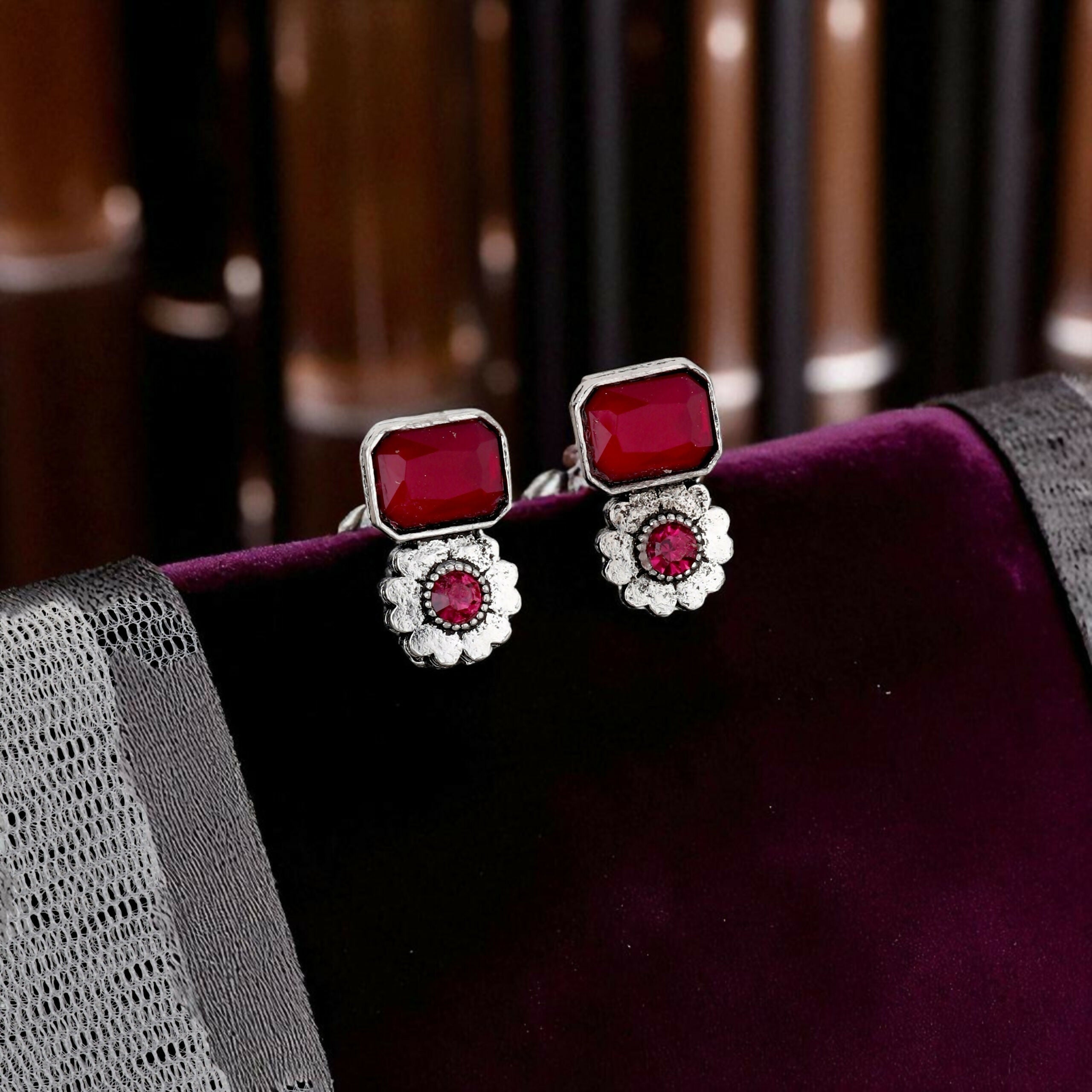 Vintage Silver-Toned Choker Set with Ruby Pink Stones