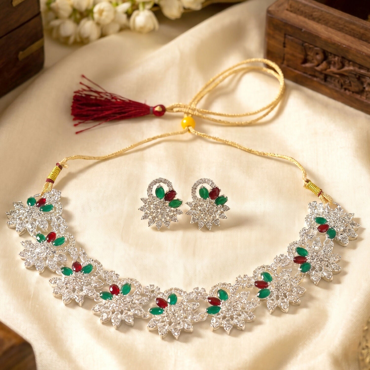 Elegant Red and Green Floral Necklace Set with Earrings for Traditional Wear