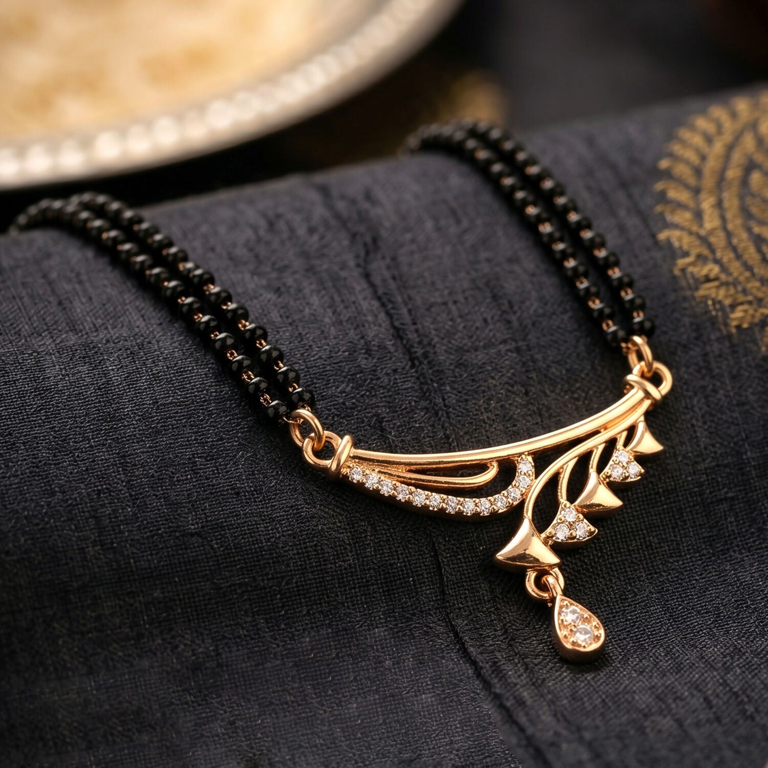 Rose Gold Finish Cascading Leaf Spray CZ Pendant Double Strand Mangalsutra