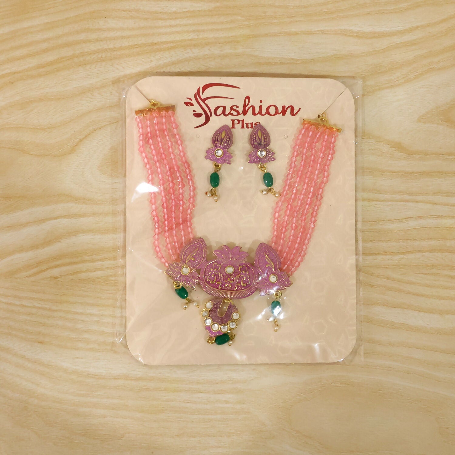 Traditional Pink Beaded Designer Necklace Set with Earrings Ethnic Adjustable Thread Jewelry Set