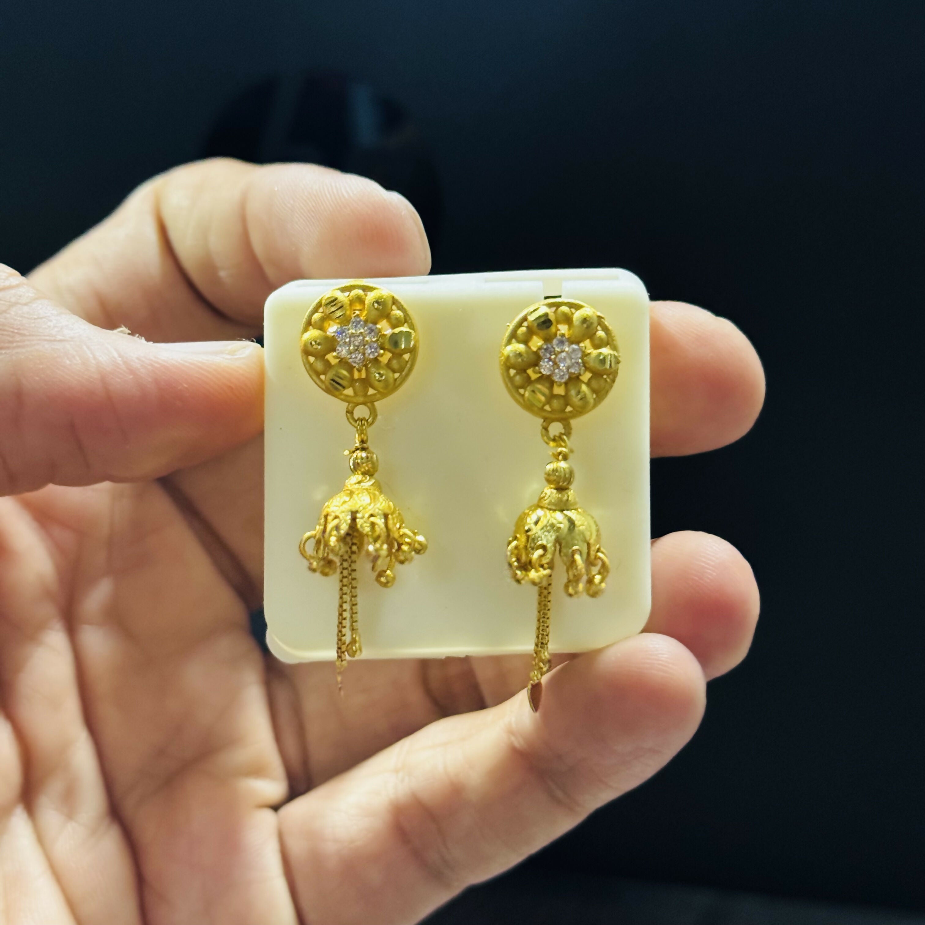 Elegant Floral Round Stud Jhumka Earrings with Chain Drops