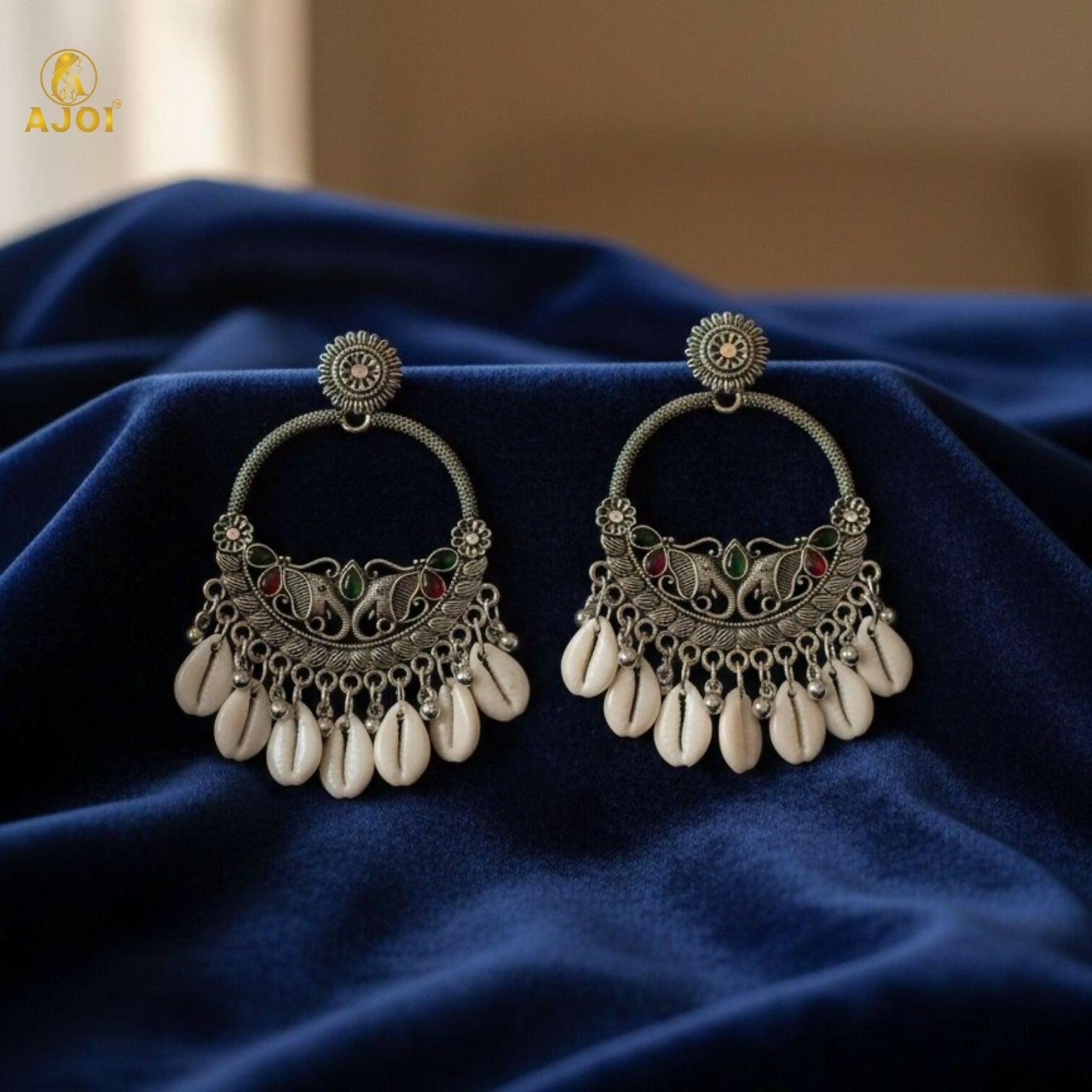 Royal Elephant Oxidized Silver Shell Chandbali Earrings with Handcrafted Motifs