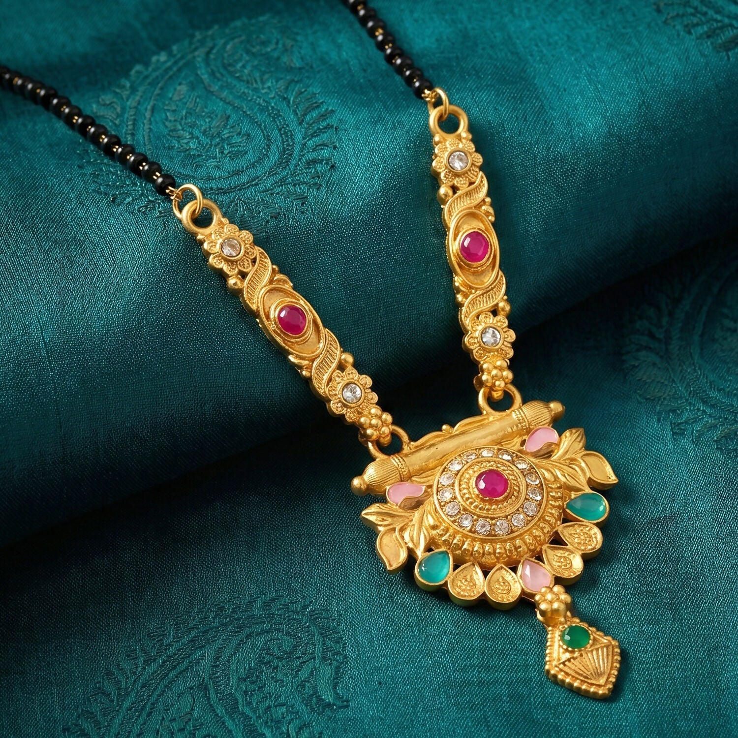 Antique Finish Lotus Medallion with Turquoise Drops & Ruby Stone Single Strand Mangalsutra