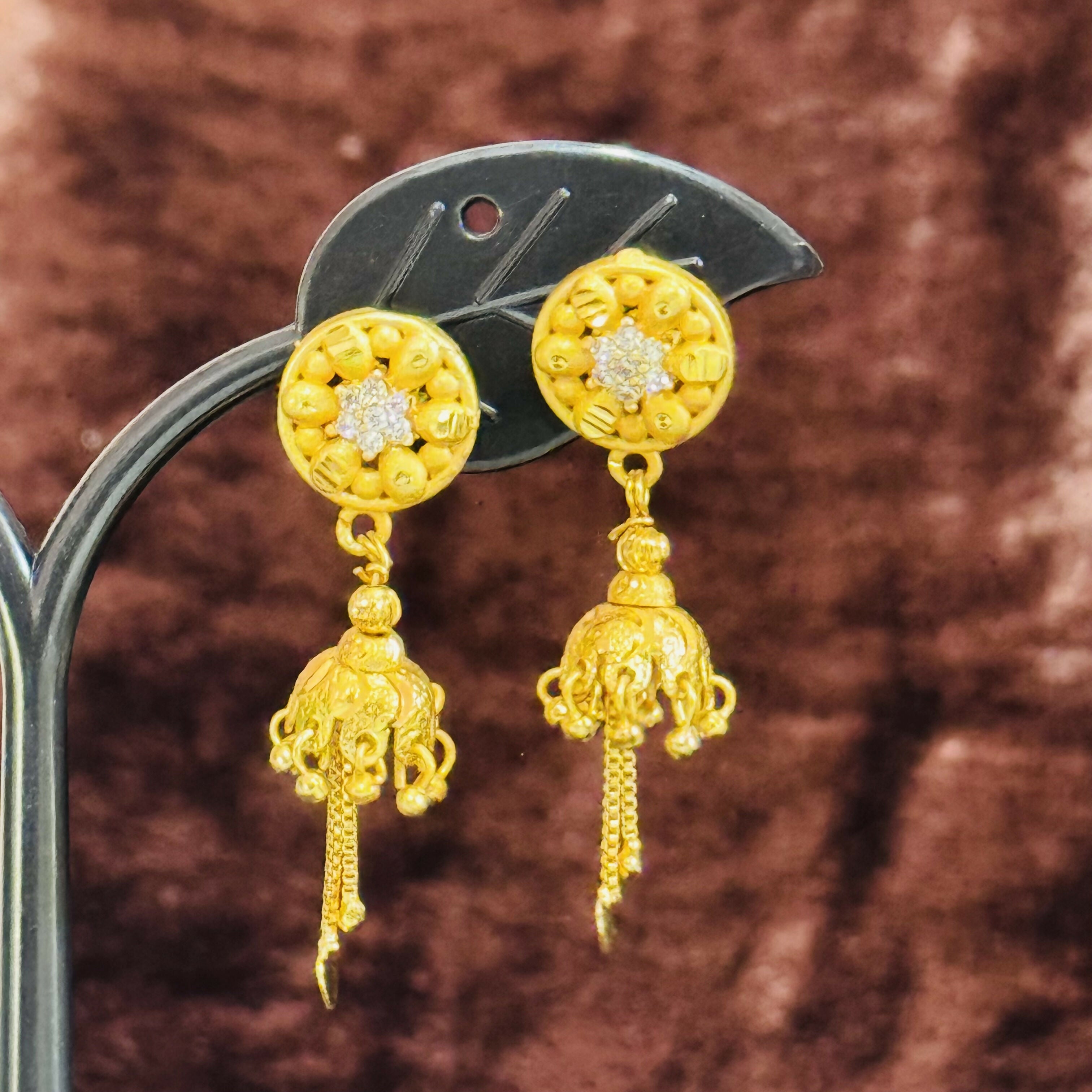 Elegant Floral Round Stud Jhumka Earrings with Chain Drops