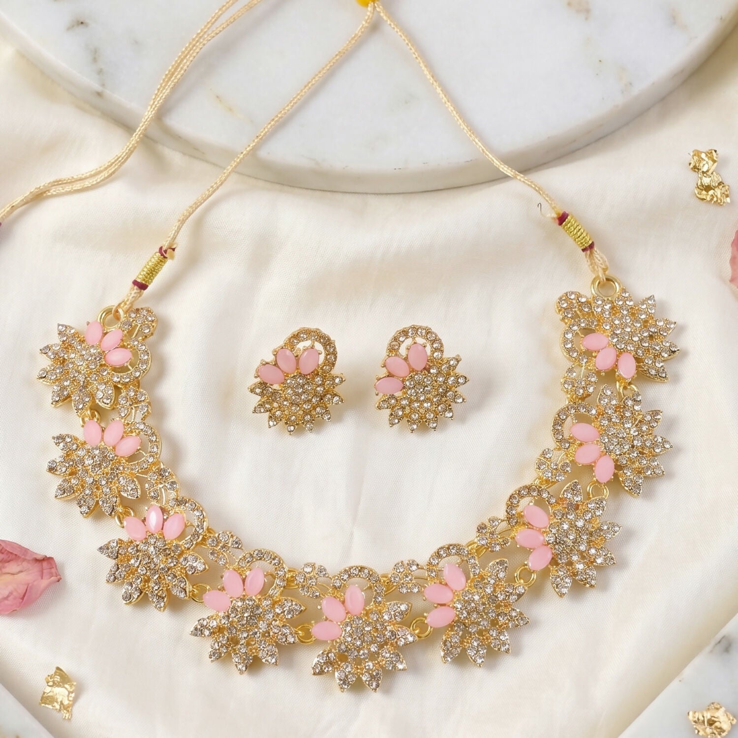 Soft Pink Plated Necklace & Earrings Set For Woman
