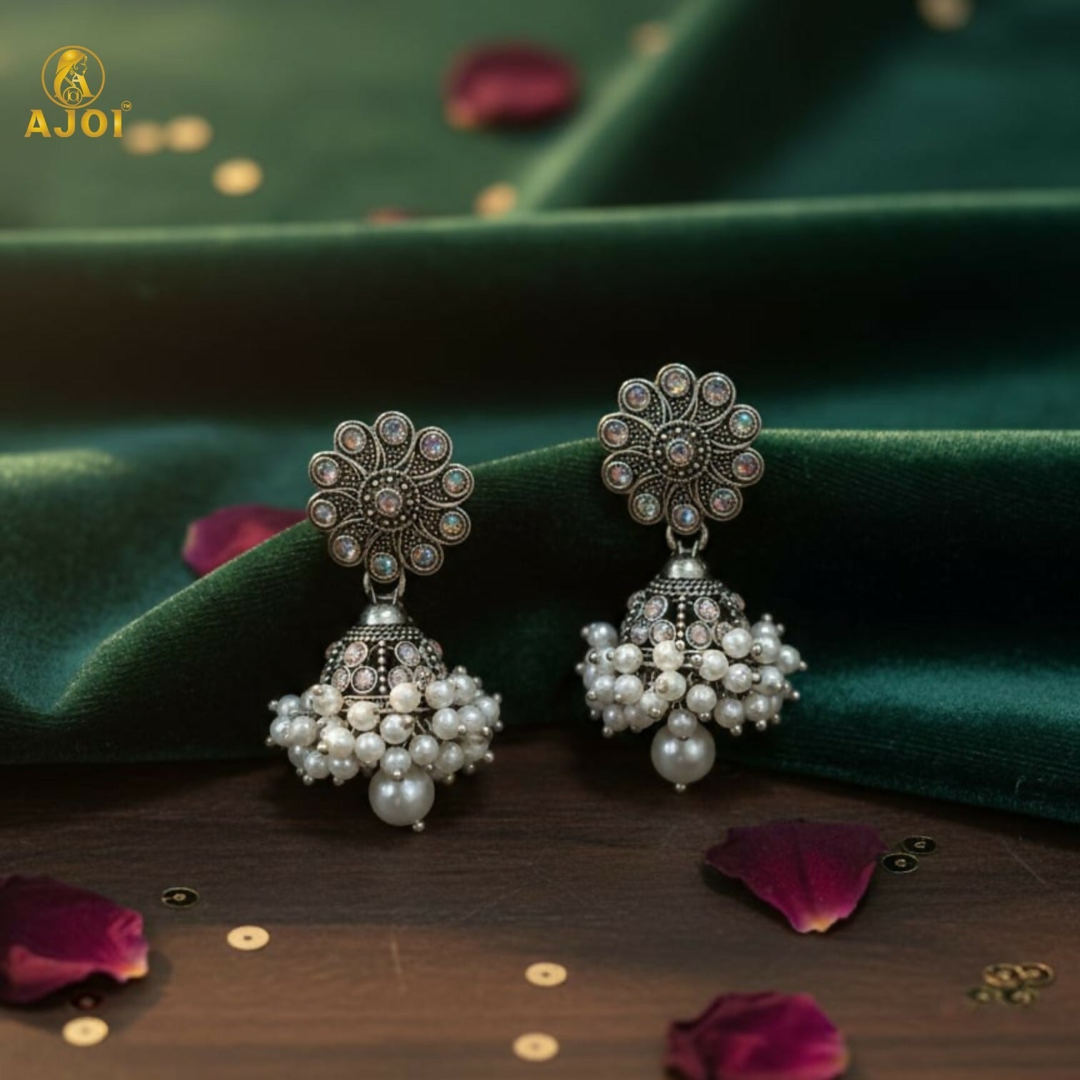 Traditional Indian Oxidised Silver Round Jhumka Earrings with Pearl Drops