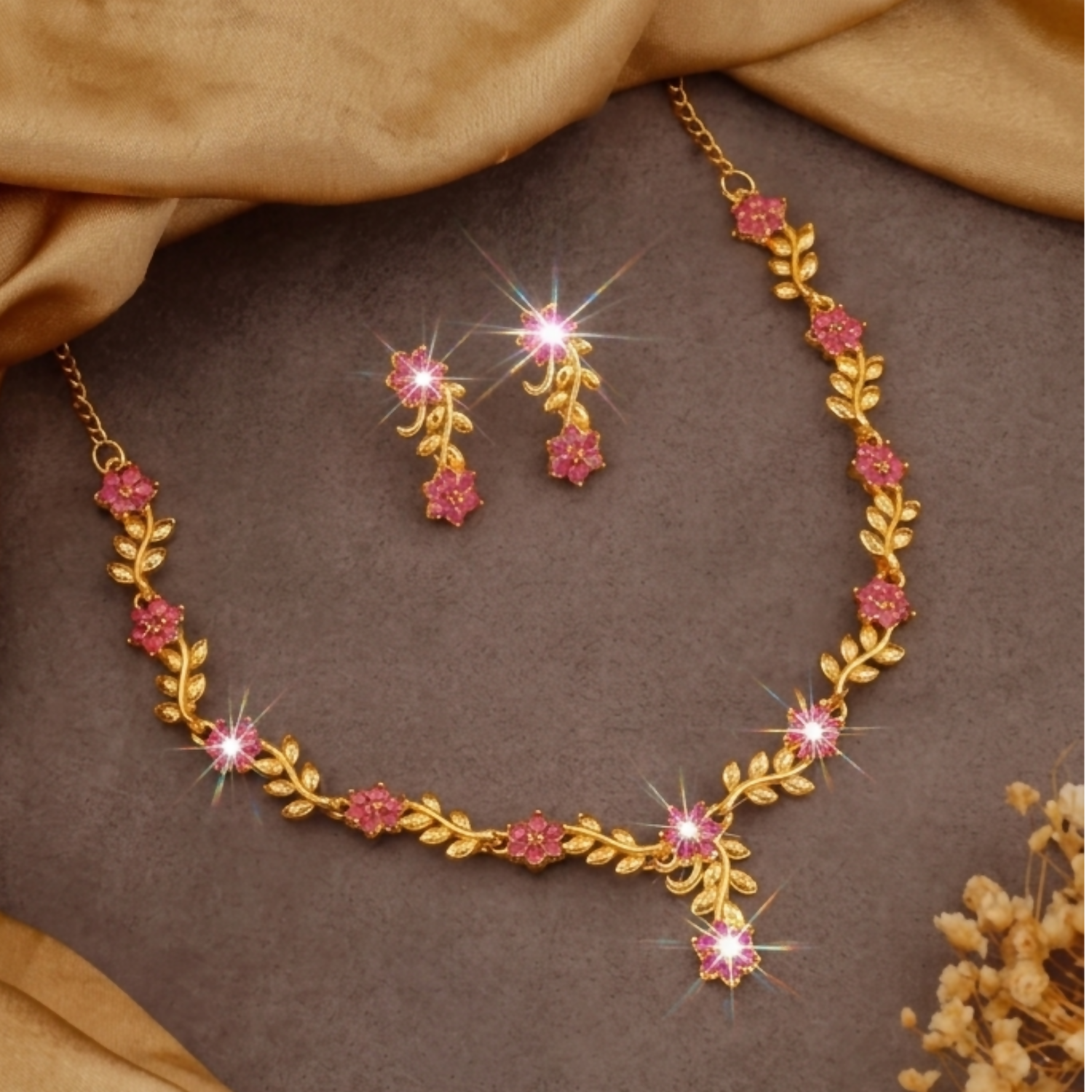 Everlasting Bloom V-Necklace with Ruby Floral Design and Elegant Gold Detailing,The Crimson Vine Collection (Geri Lal Bel), Ruby Petals Harmony Set, Nature’s Bloom Red Necklace, Garnet Glint Set, Floral Splendor ruby set