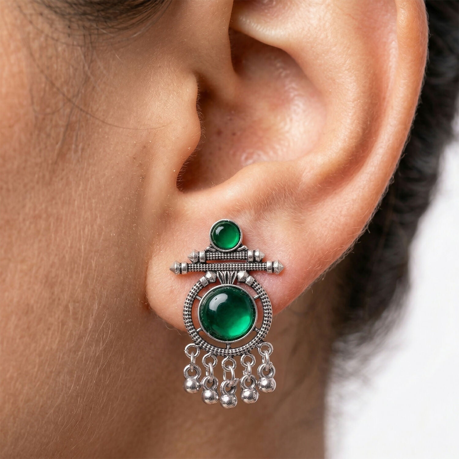 German Silver Green Stone Drop Earrings for Women | Festive & Party Wear Jewelry