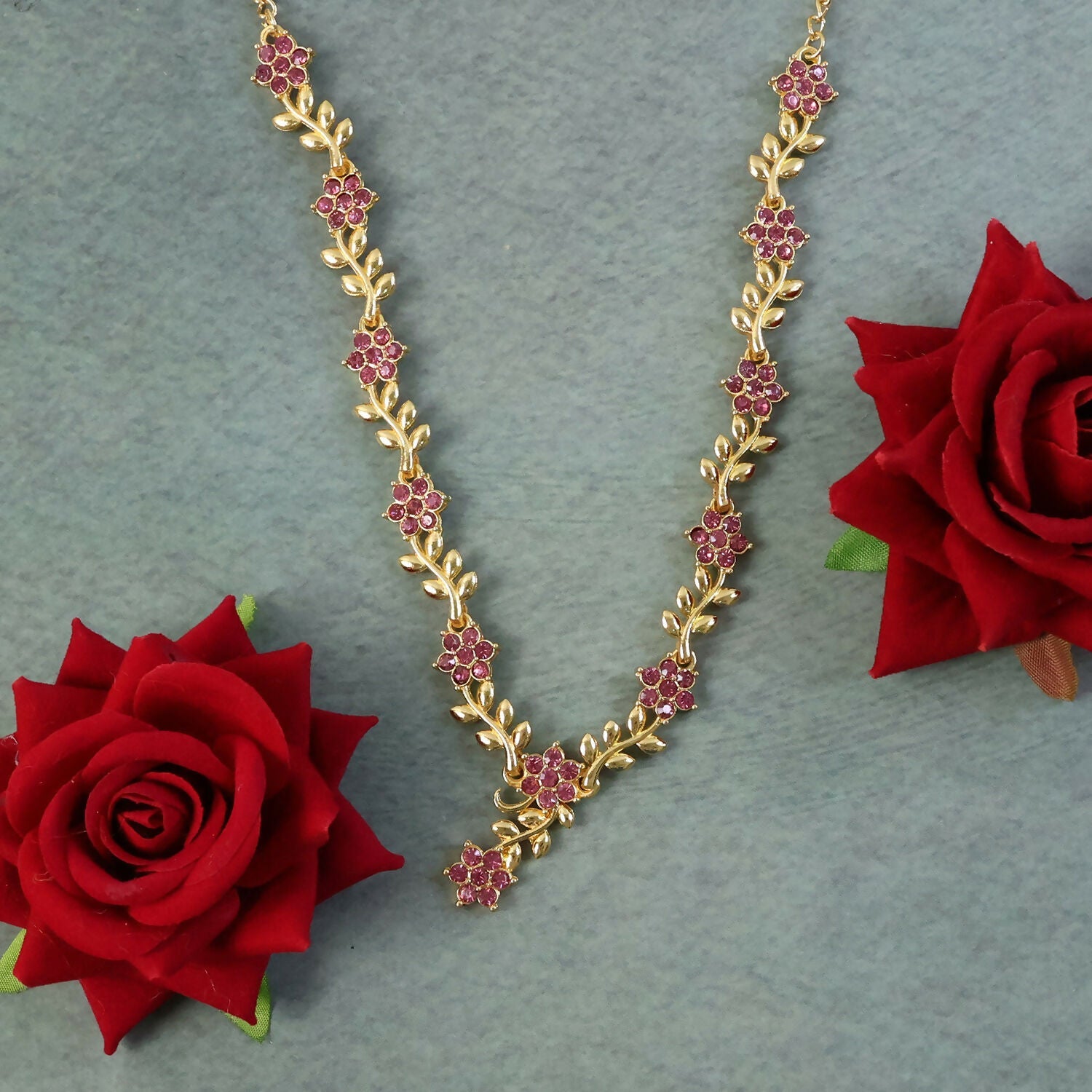 Everlasting Bloom V-Necklace with Ruby Floral Design and Elegant Gold Detailing,The Crimson Vine Collection (Geri Lal Bel), Ruby Petals Harmony Set, Nature’s Bloom Red Necklace, Garnet Glint Set, Floral Splendor ruby set