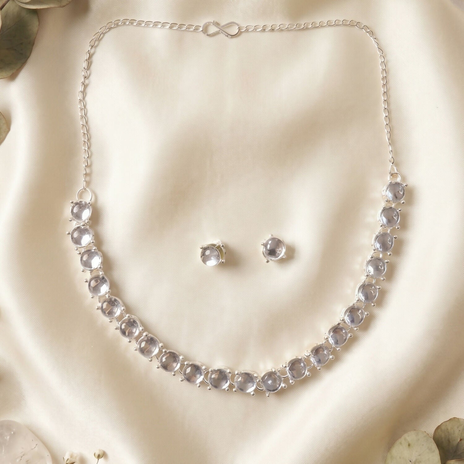 Elegant Silver-Plated Necklace Set with Clear Gemstones and Matching Earrings