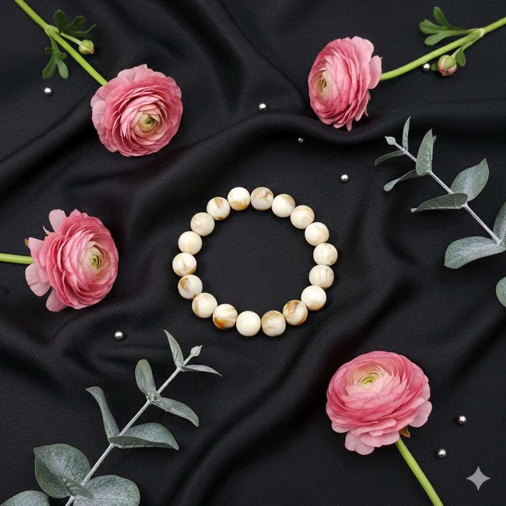 White & Beige Marble Finish Beaded Elastic Bracelet