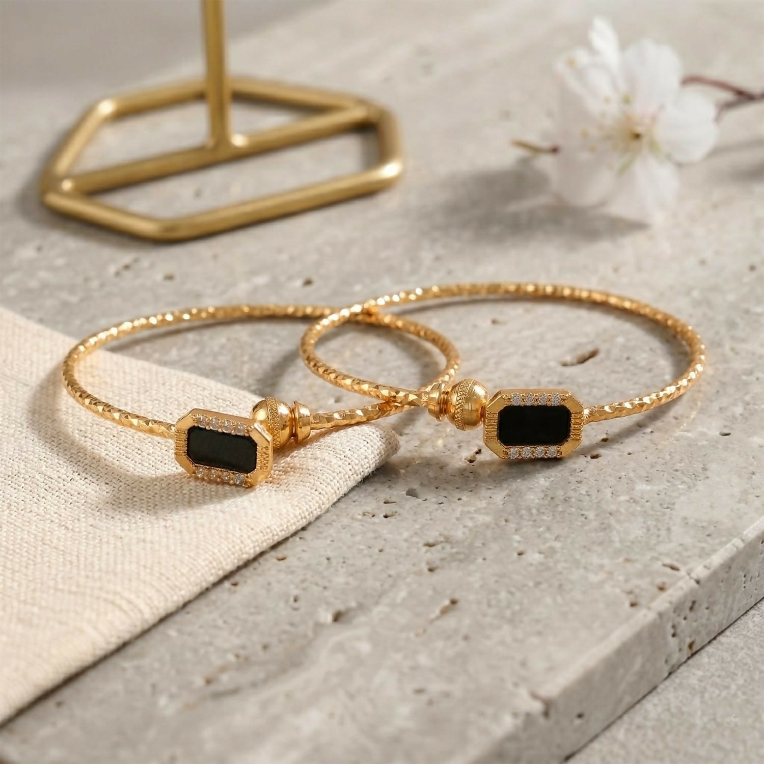 Gold Plated Black Stone Designer Open Bangle Bracelet for Women
