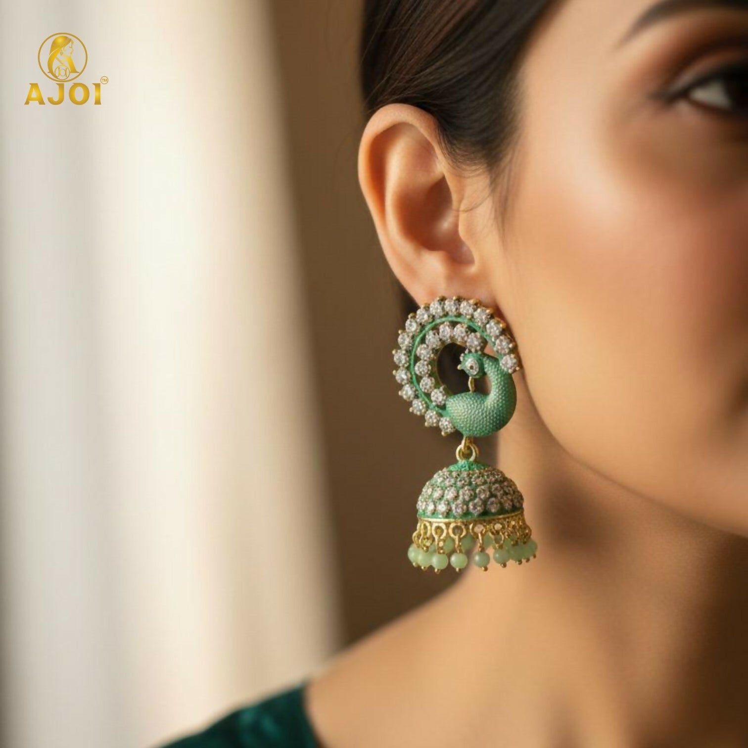 Mint Green Peacock Stone Jhumka Earrings