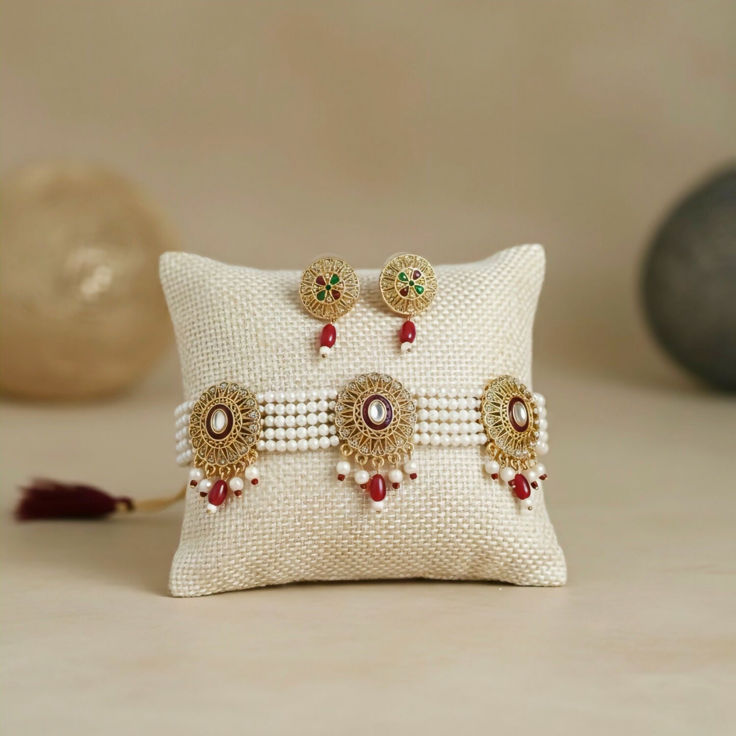Traditional Gold-Plated Kundan Pearl Choker Necklace Set with Emerald red Drops and Matching Earrings
