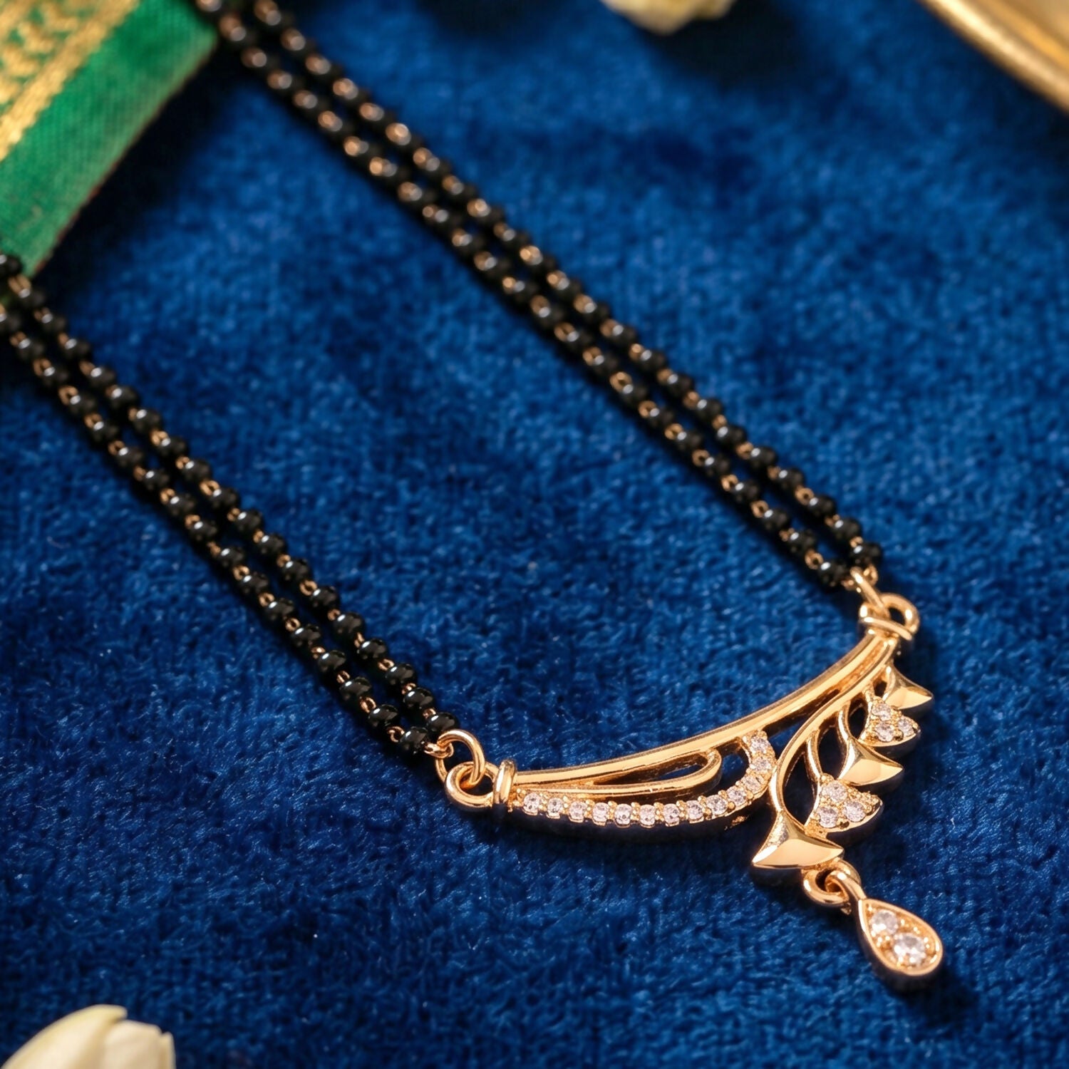 Rose Gold Finish Cascading Leaf Spray CZ Pendant Double Strand Mangalsutra