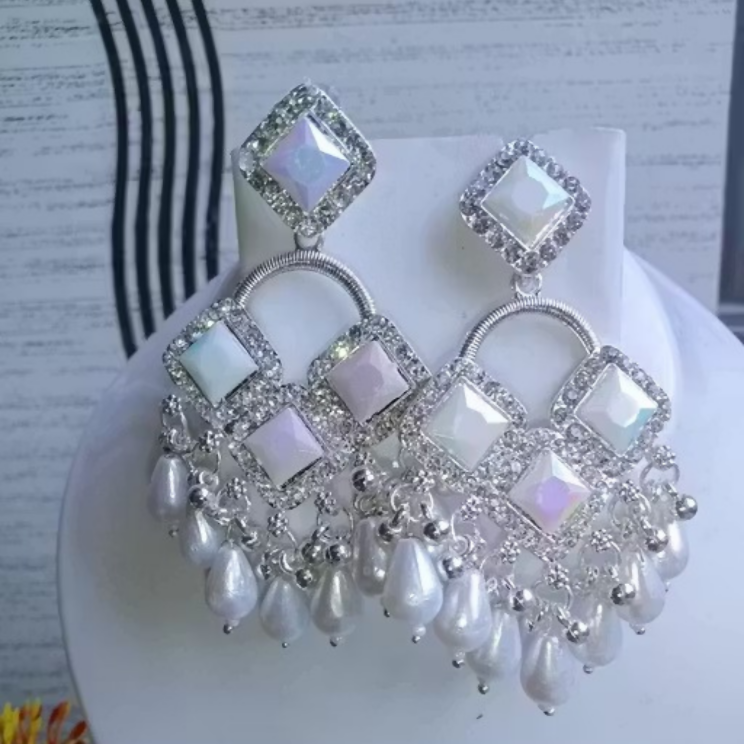 Elegant Silver Plated Chandelier Earrings Featuring Square Crystals and White Teardrop Beads