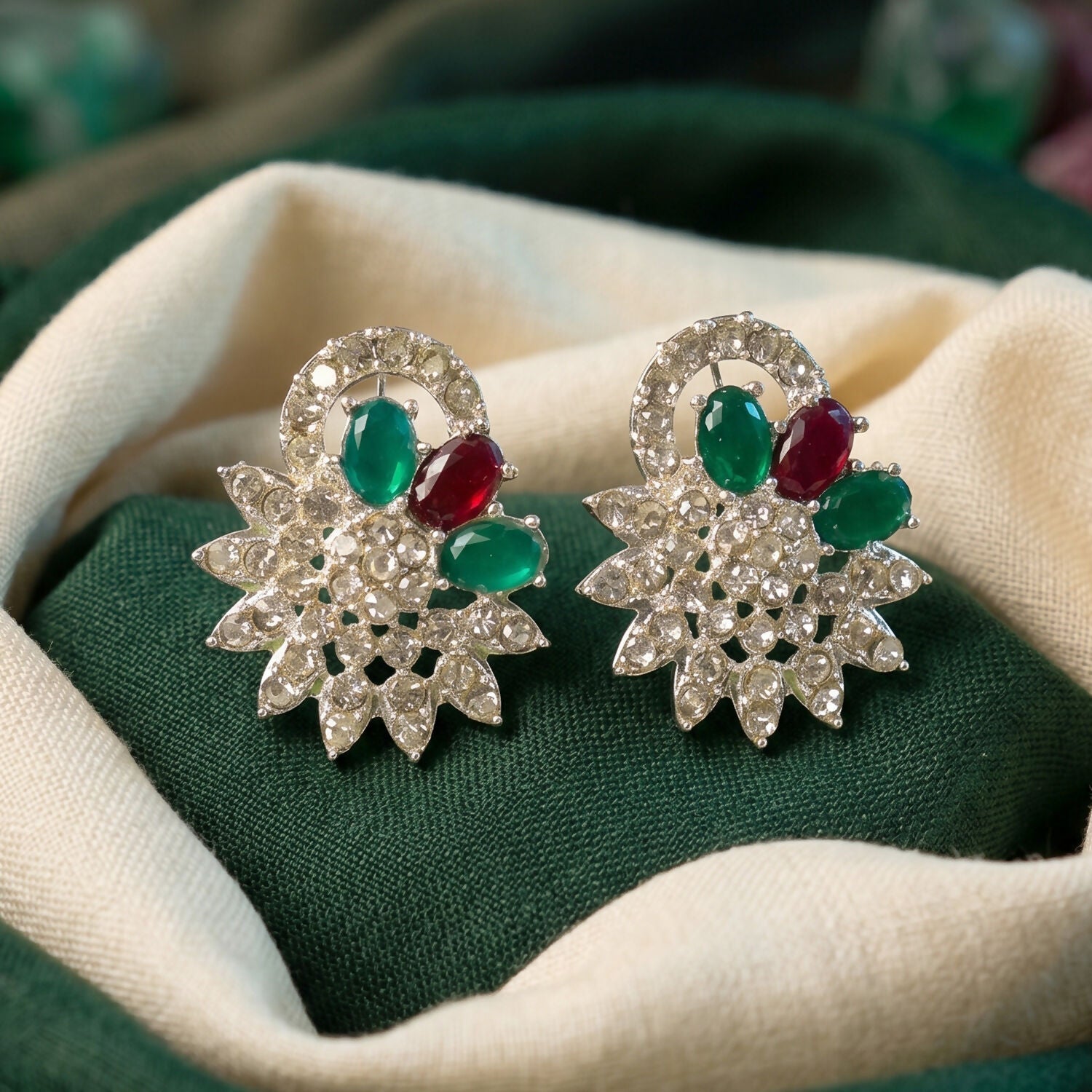 Elegant Red and Green Floral Necklace Set with Earrings for Traditional Wear