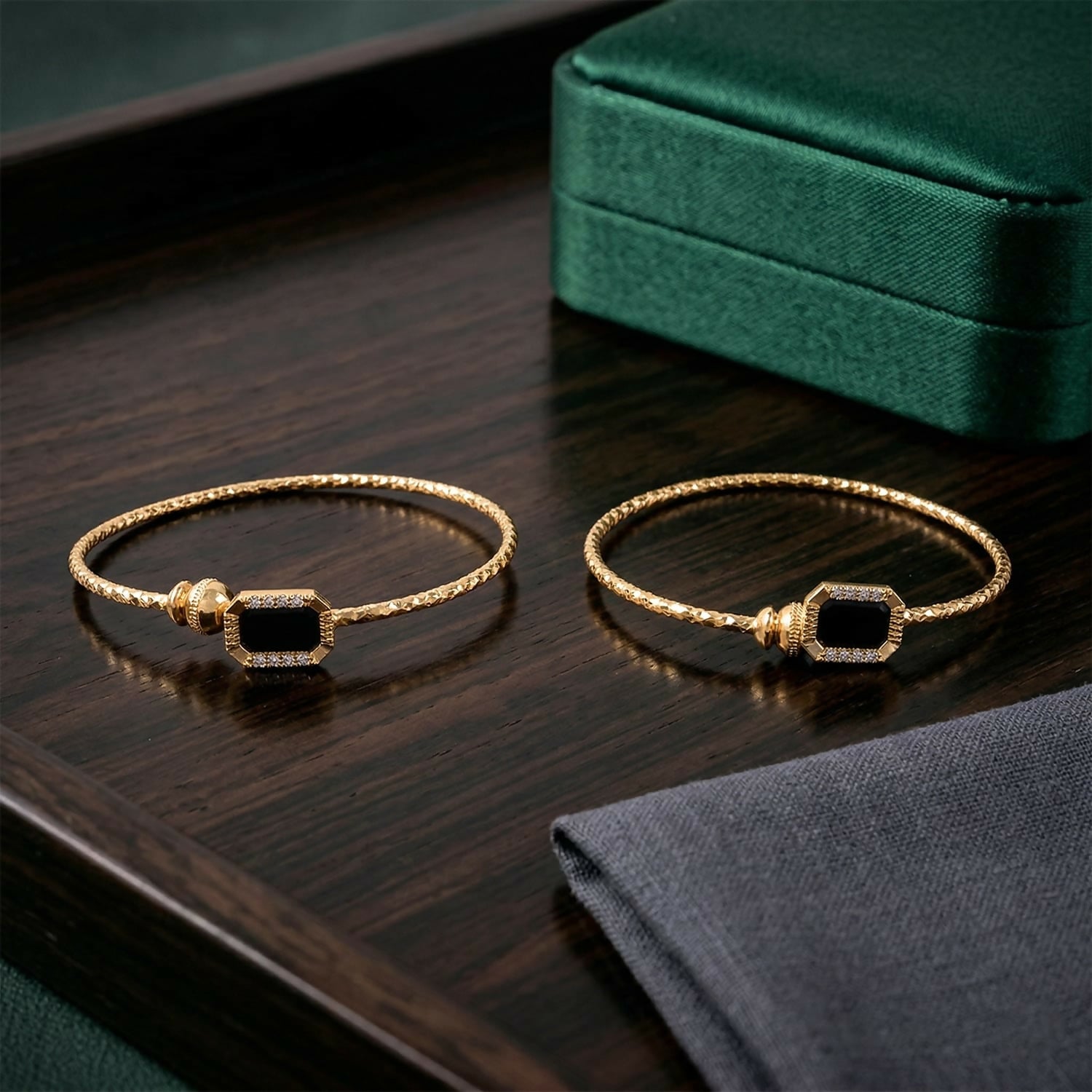 Gold Plated Black Stone Designer Open Bangle Bracelet for Women