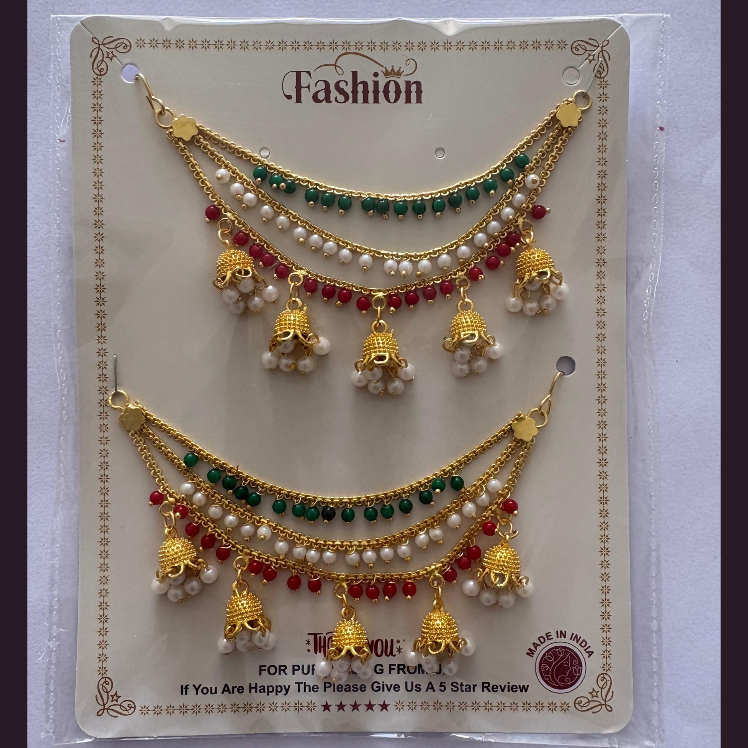 Traditional Gold Finish Tricolor Pearl Jhumki Designer Kanchain for Women