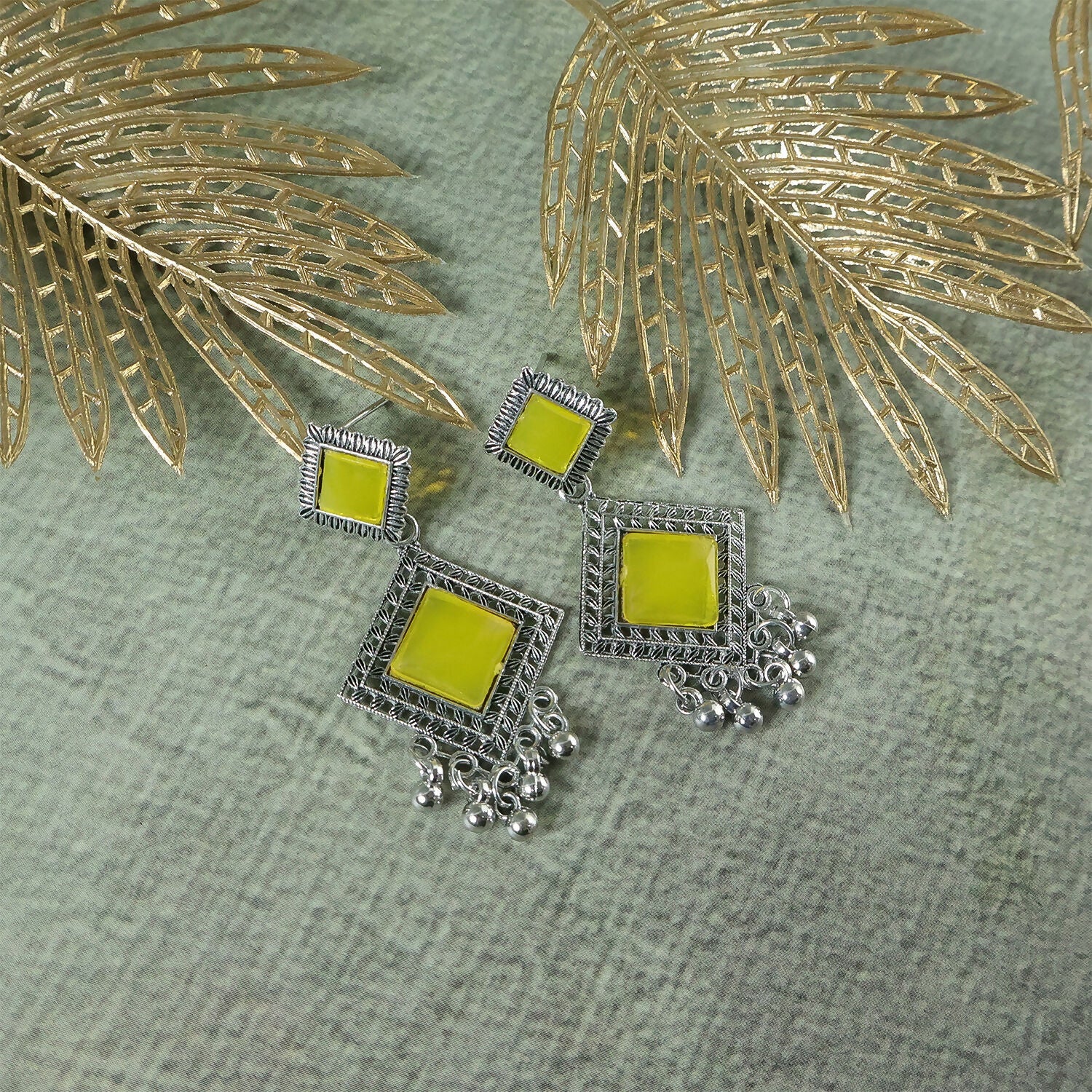 Traditional Indian Oxidised Dangler Earrings with Square Yellow Monalisa Stones
