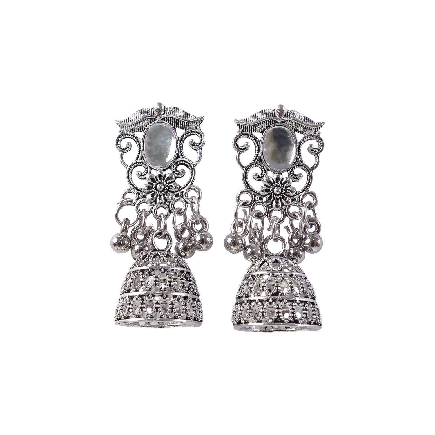 German Silver Jhumka Earrings with White Monalisa Stones