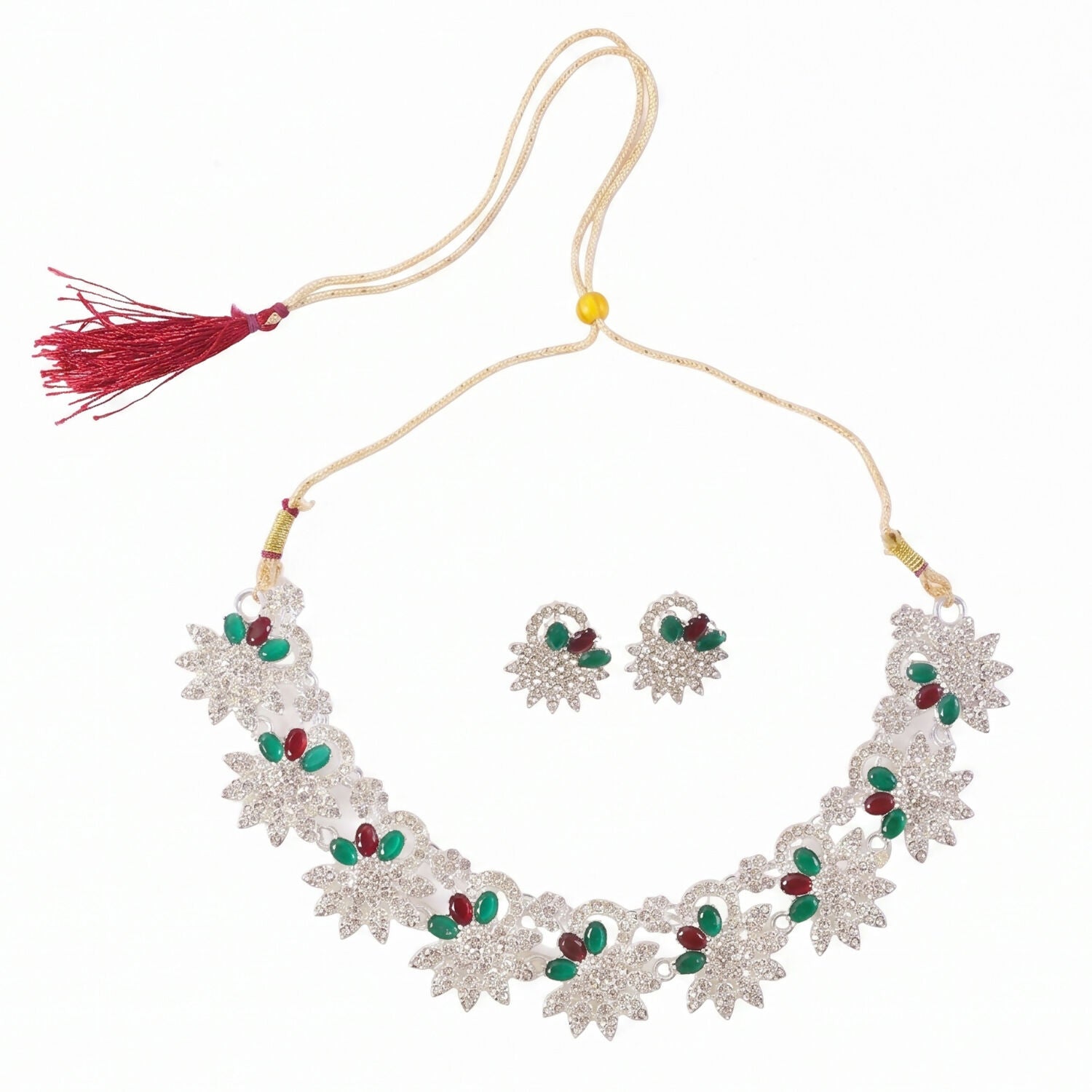 Elegant Red and Green Floral Necklace Set with Earrings for Traditional Wear
