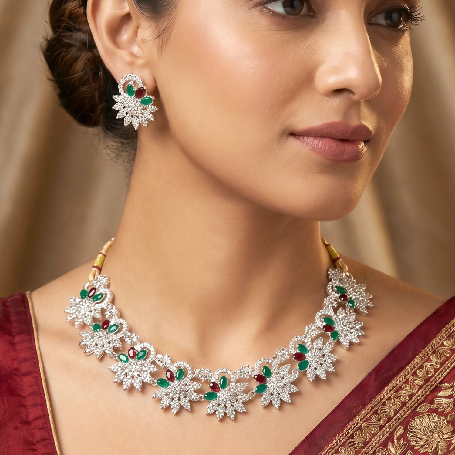 Elegant Red and Green Floral Necklace Set with Earrings for Traditional Wear