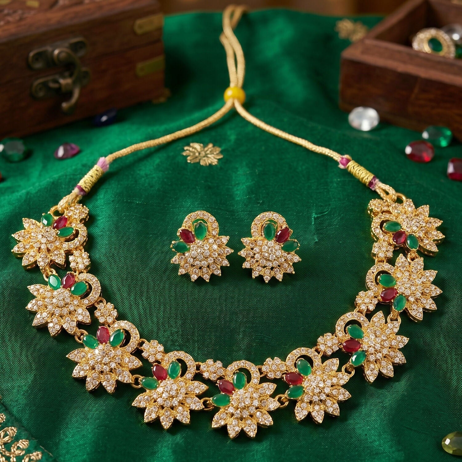 Elegant Gold Plated Necklace & Earrings Set with Green and Red Stones
