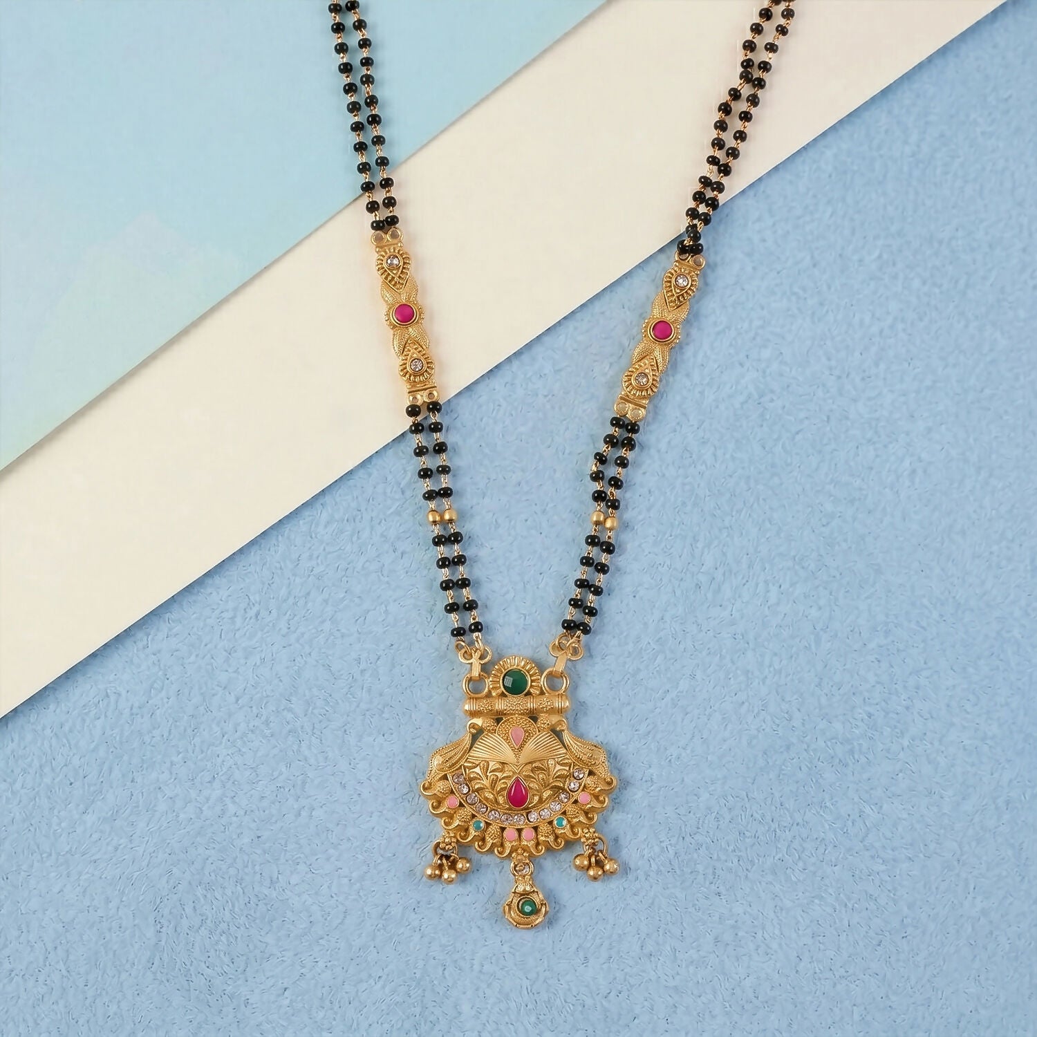Tortoise Shell Temple Pendant with Emerald Crown & CZ Crescent Double Strand Mangalsutra
