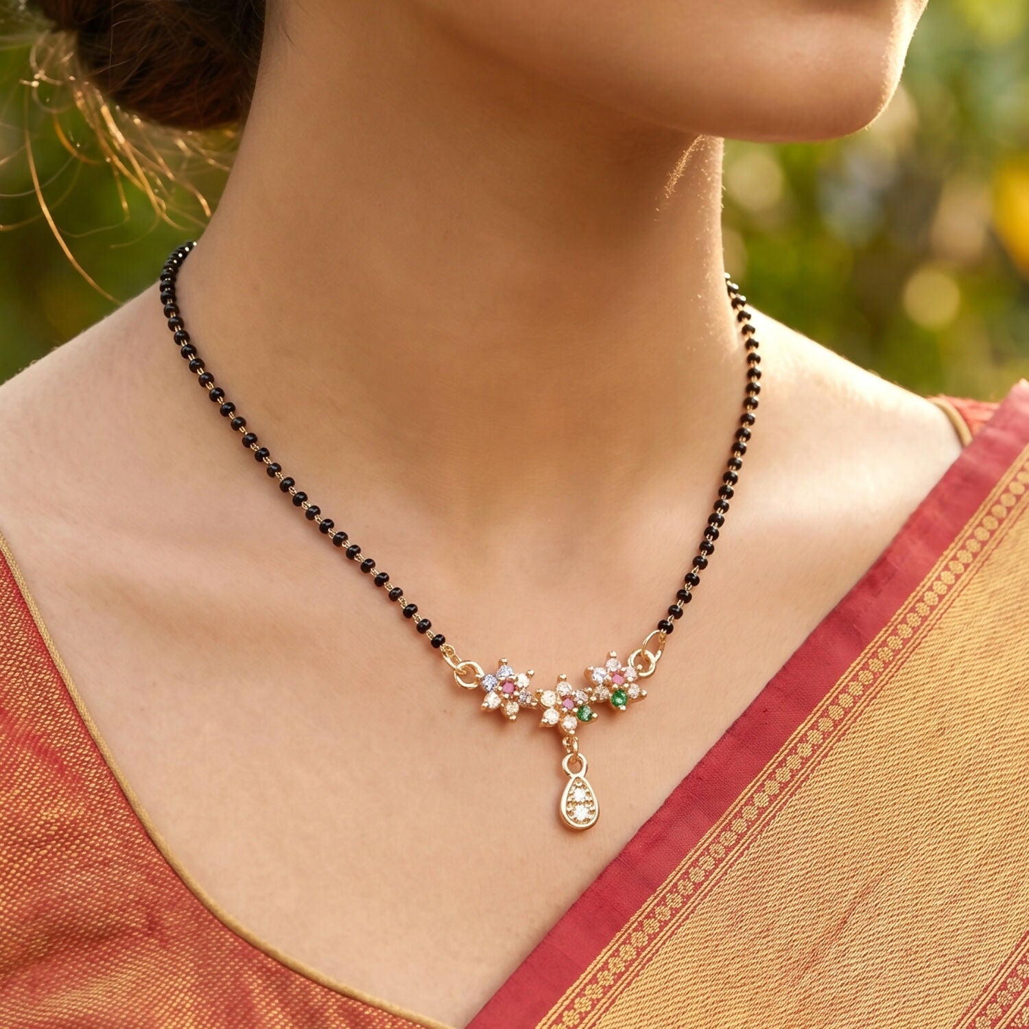 Multicolor Floral Stone Mangalsutra with Hanging Drop Pendant