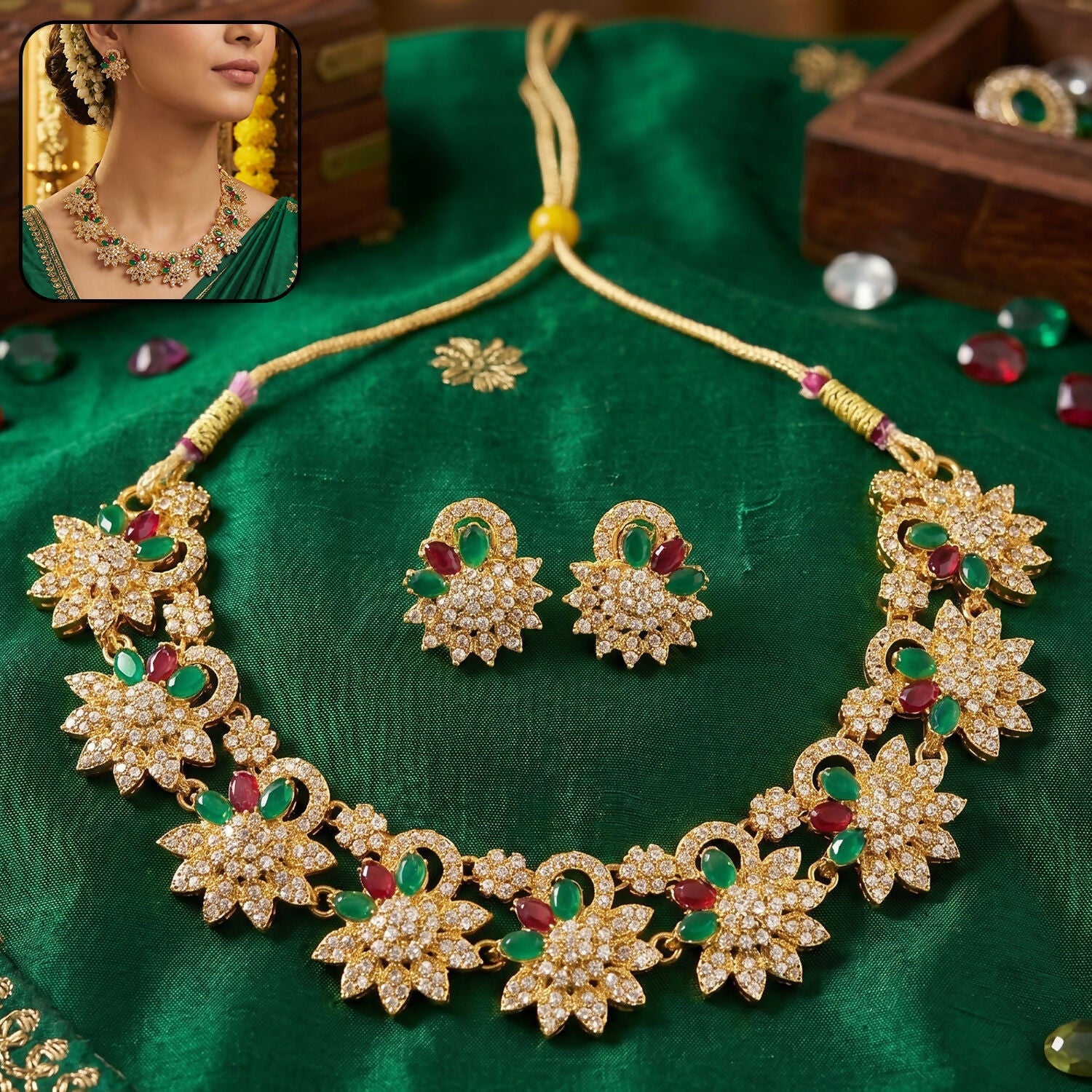 Elegant Gold Plated Necklace & Earrings Set with Green and Red Stones
